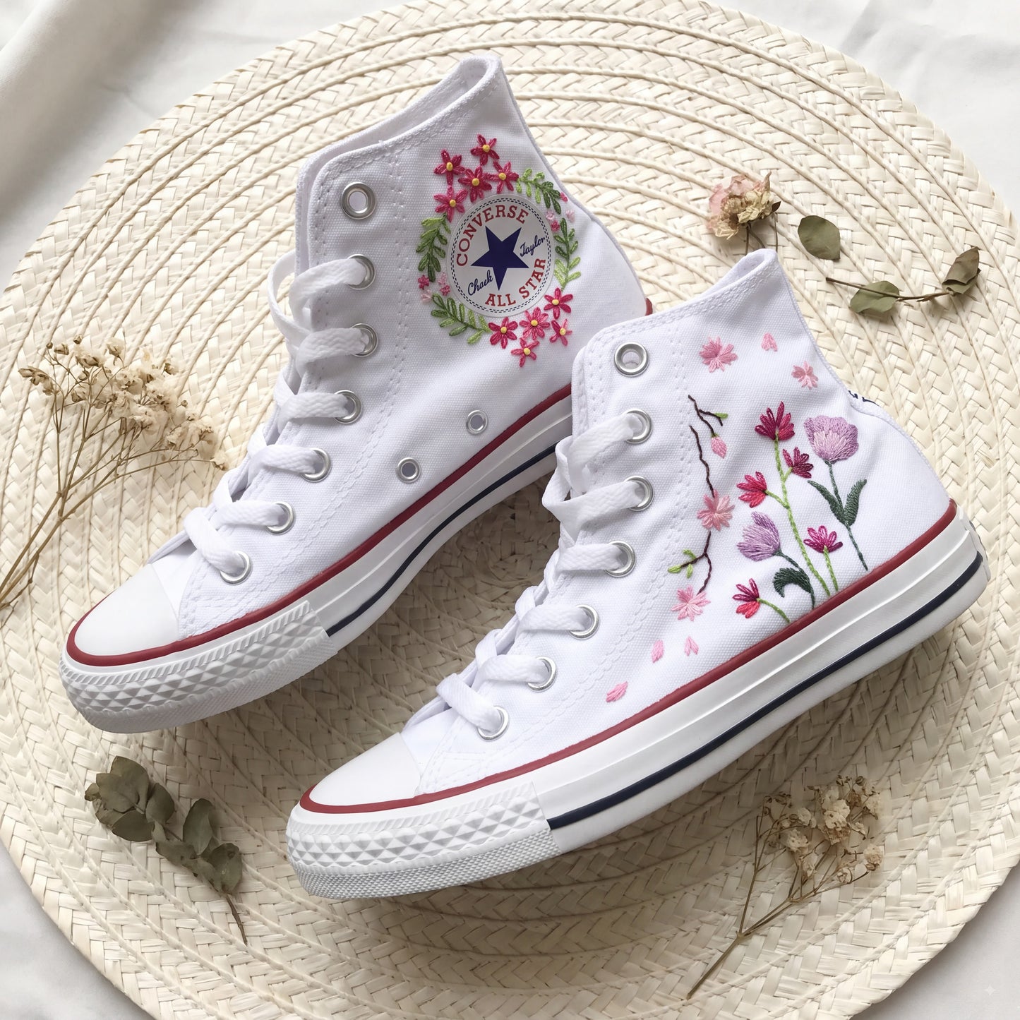 Hand Embroidered High Top Converse Shoes | Custom Tulip & Cherry Blossom Sneakers | Personalized White Canvas Converse Gift