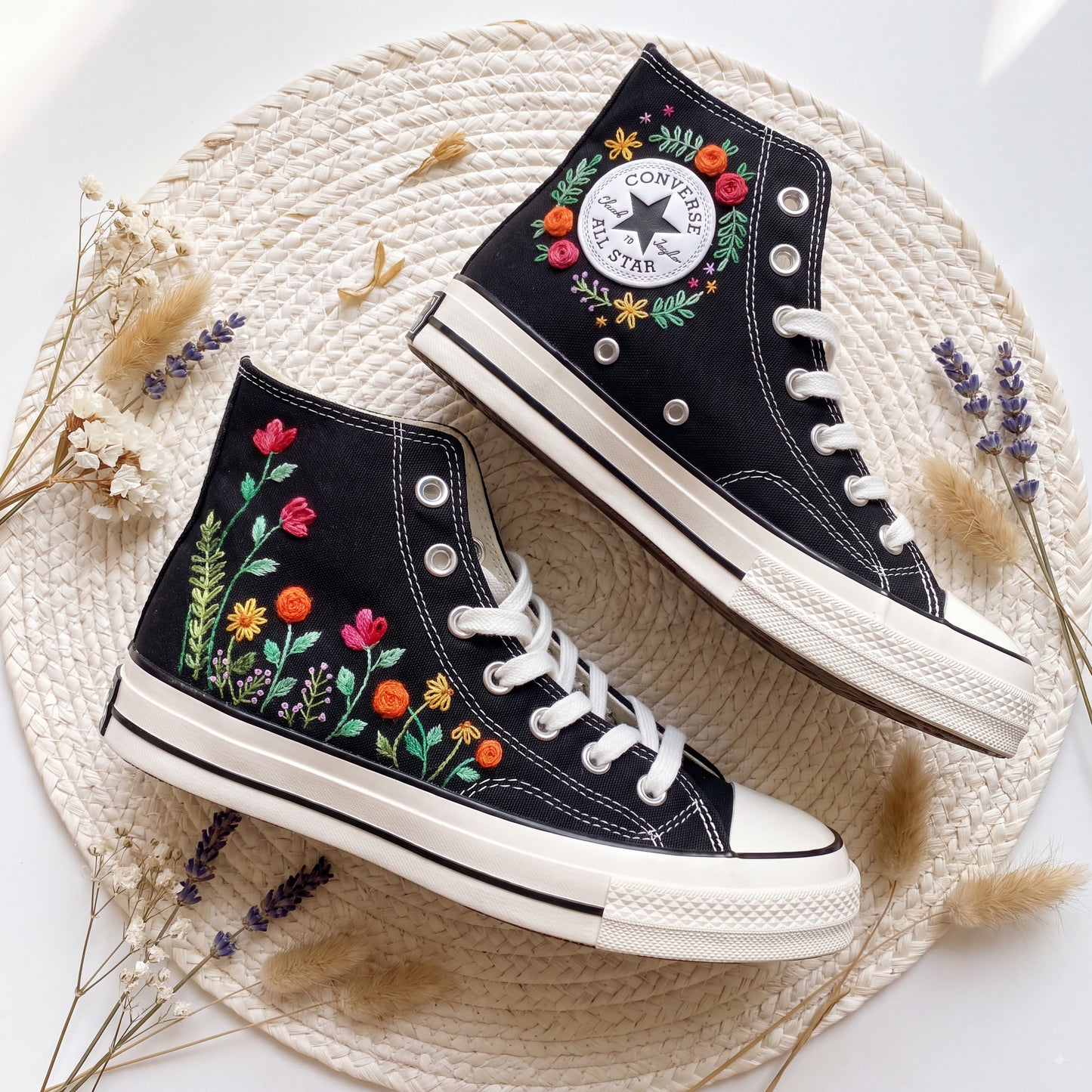 Hand Embroidered High Top Converse Shoes | Custom Rose Floral Sneakers | Personalized Black Canvas Converse Gift