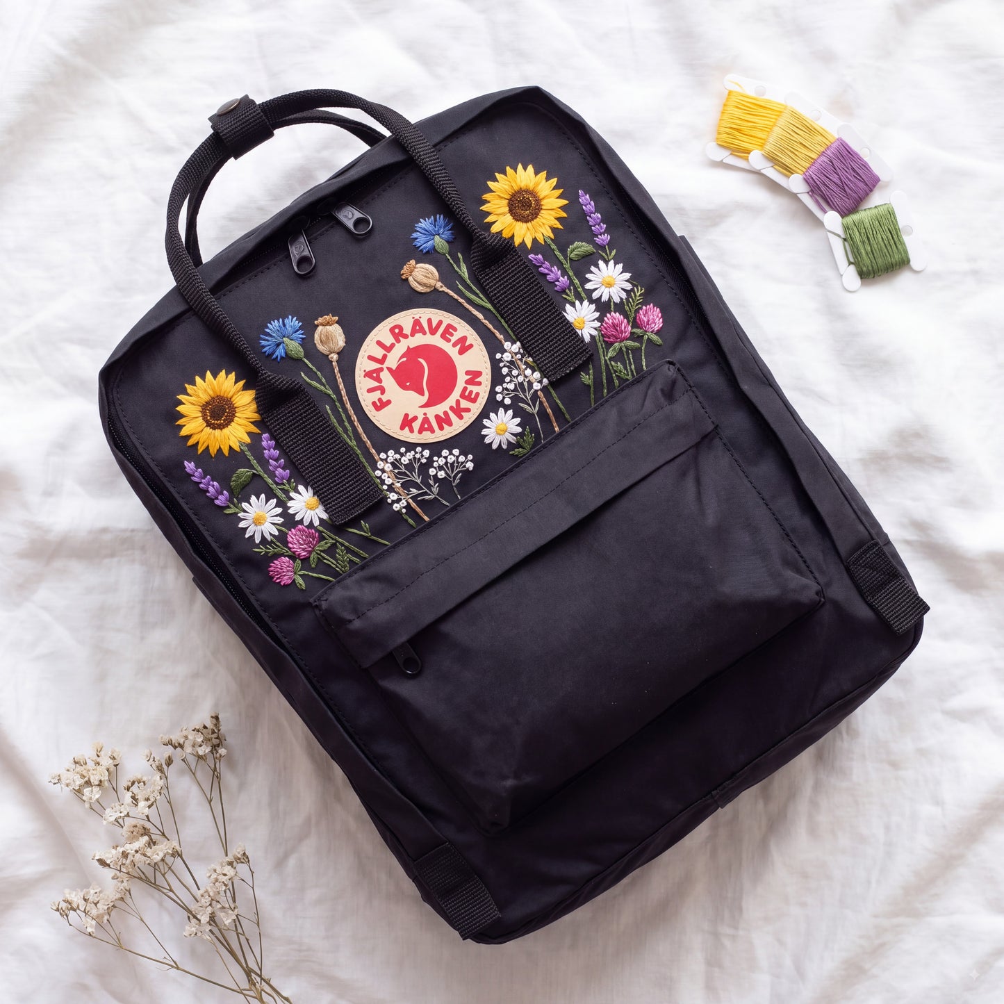 Hand Embroidered Fjallraven Kanken Backpack | Sunflower Wildflower Backpack | Daisy Floral Kanken Bag | Custom Personalized Backpack