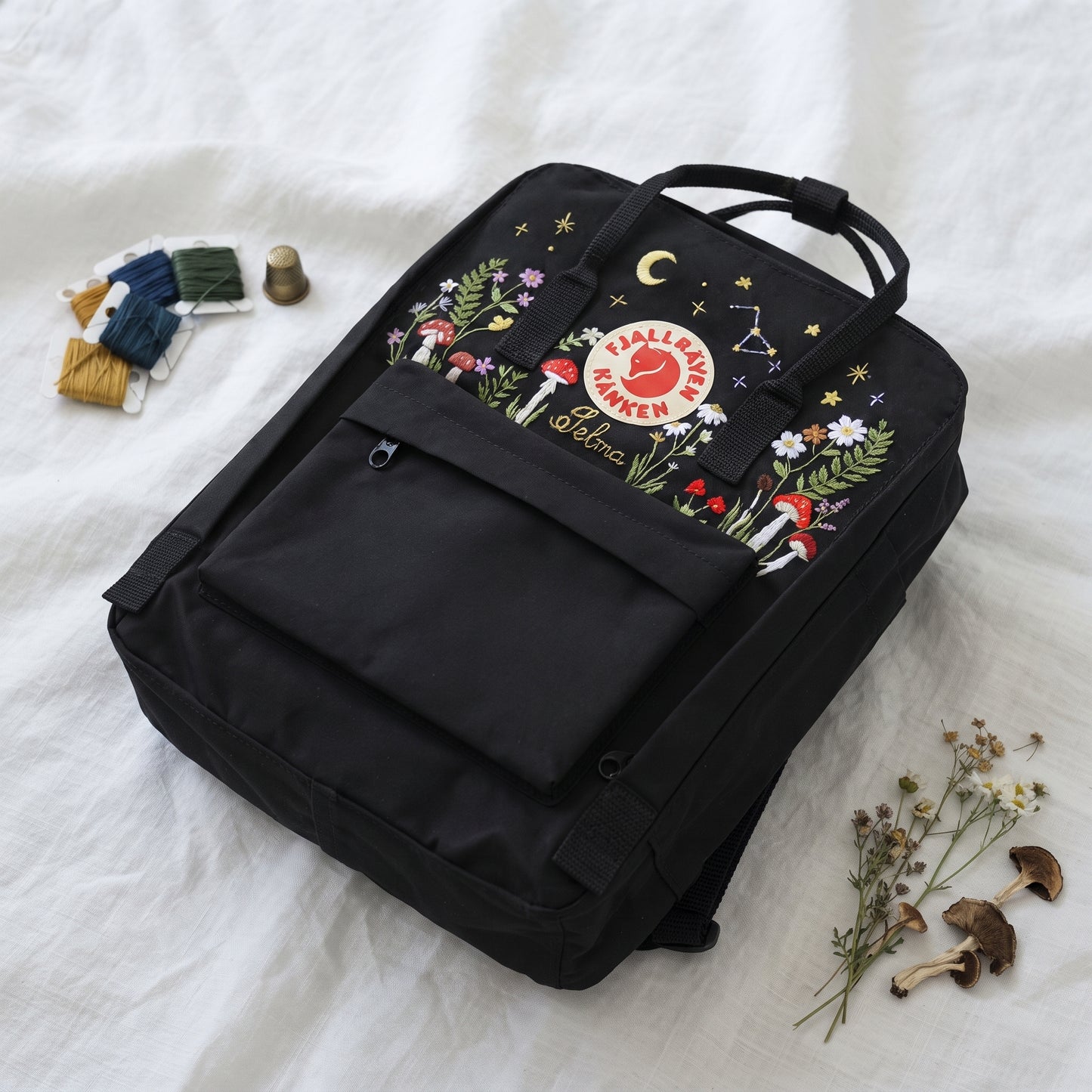 Fjallraven Kanken Backpack Embroidered with Mushrooms and Wildflowers | Mushroom & Floral Design Backpack | Personalized Custom Kanken
