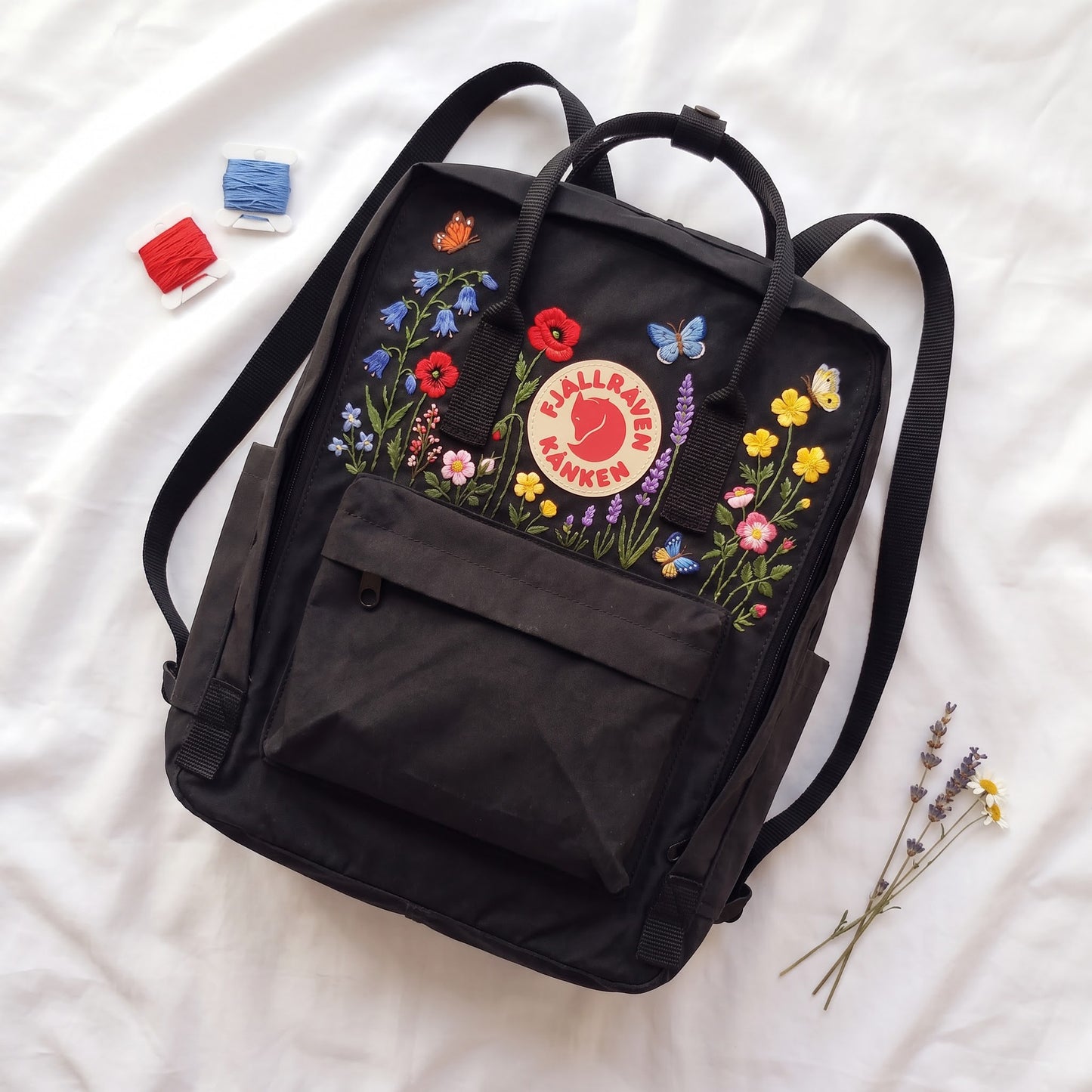 Hand Embroidered Fjallraven Kanken Backpack, Floral Butterfly Kanken Bag, Custom Embroidered Backpack, Personalized Kanken Backpack