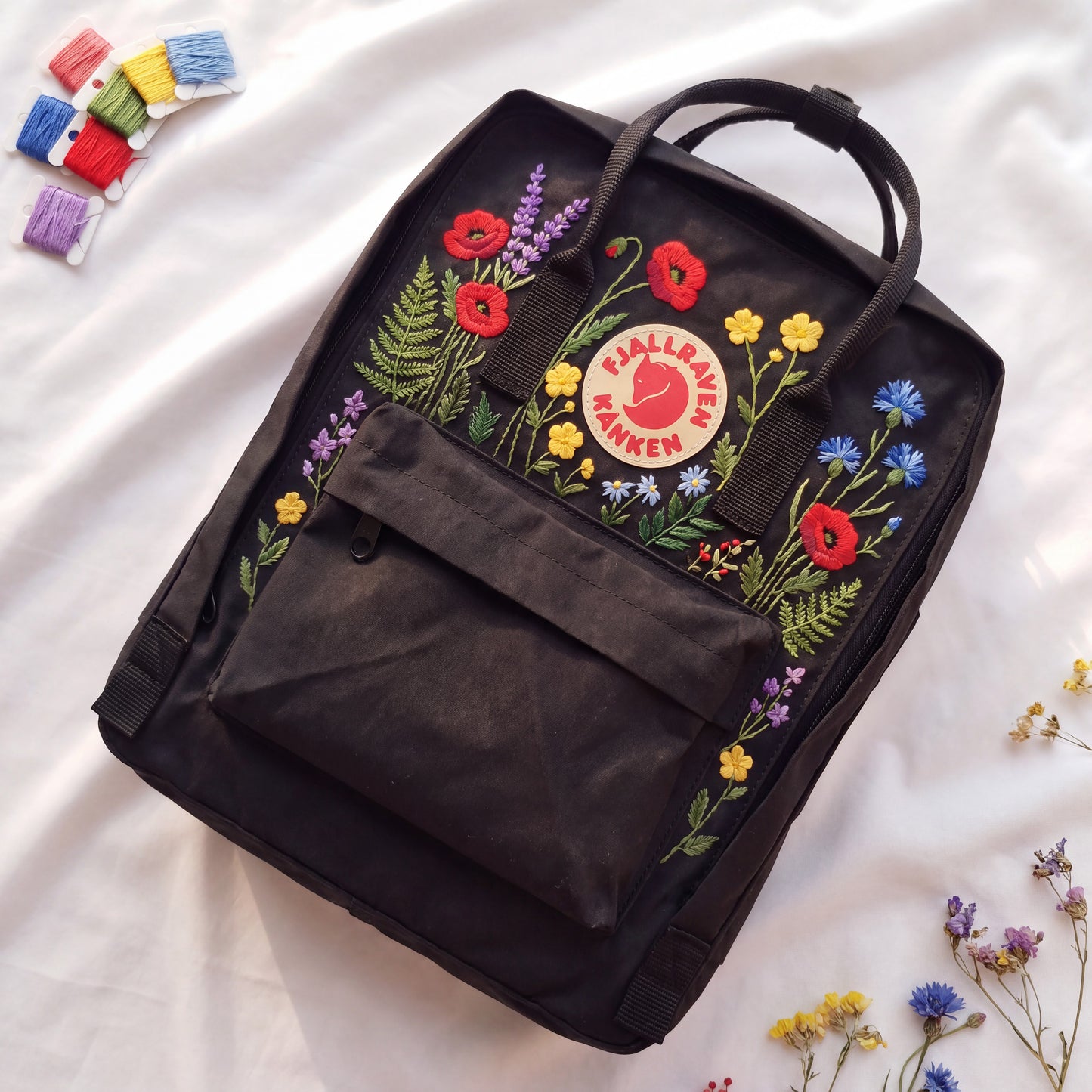 Fjallraven Kanken Embroidered Backpack | Floral Embroidery Backpack | Colorful Wildflower Bag | Canvas Backpack | Handmade Flower Backpack