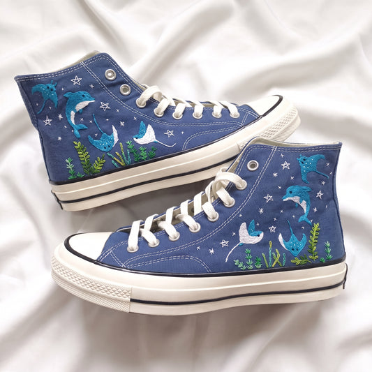 Hand Embroidered Ocean Converse Shoes | Custom Dolphin & Stingray Sneakers | Personalized Gift for Ocean Lovers