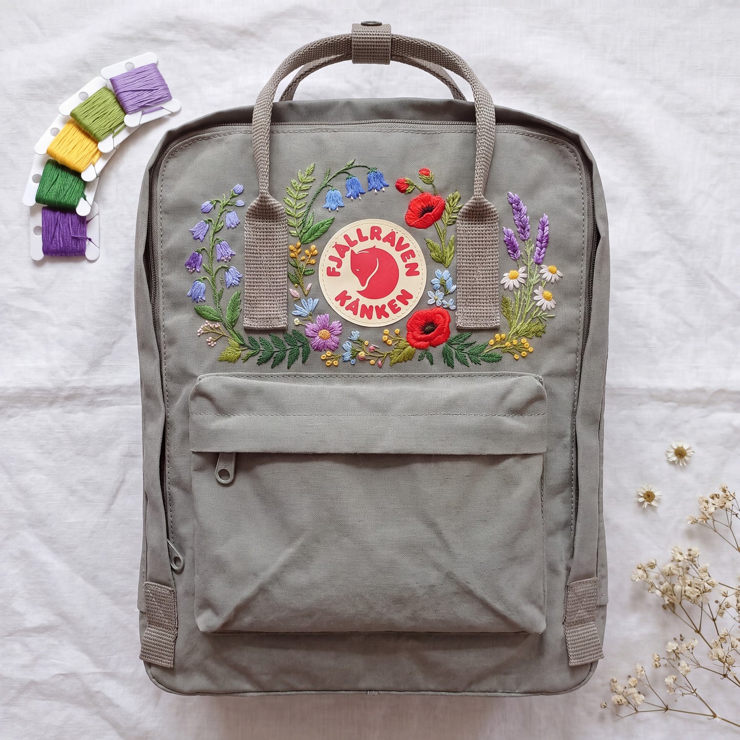 Hand Embroidered Fjallraven Kanken Backpack, Wildflower Floral Backpack, Poppy Bluebell Flower Bag, Custom Personalized Kanken Backpack