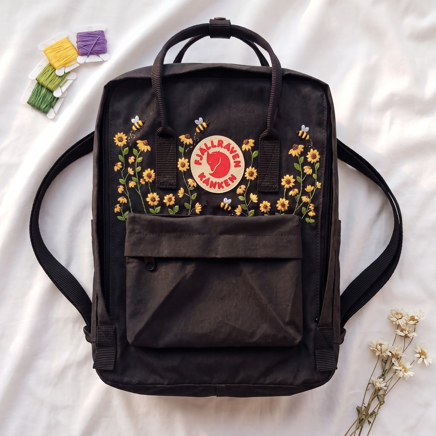 Personalized Fjallraven Kanken Sunflower Backpack | Embroidered Wildflower & Bee Kanken Bag | Handmade Floral Backpack | Garden Lover Gift