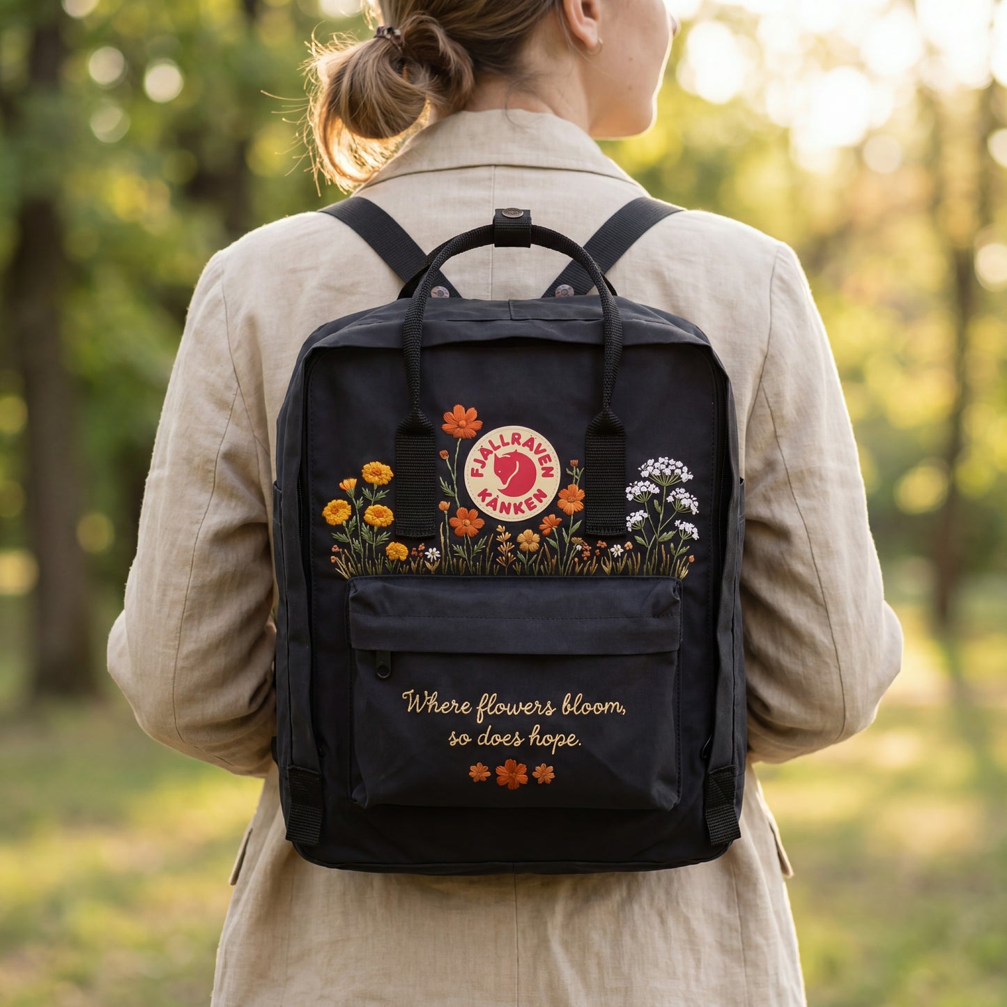 Personalized Fjallraven Kanken Wildflower Backpack, Embroidered Marigold & Baby's Breath Kanken Bag, CustomBackpack with Meaningful Quote