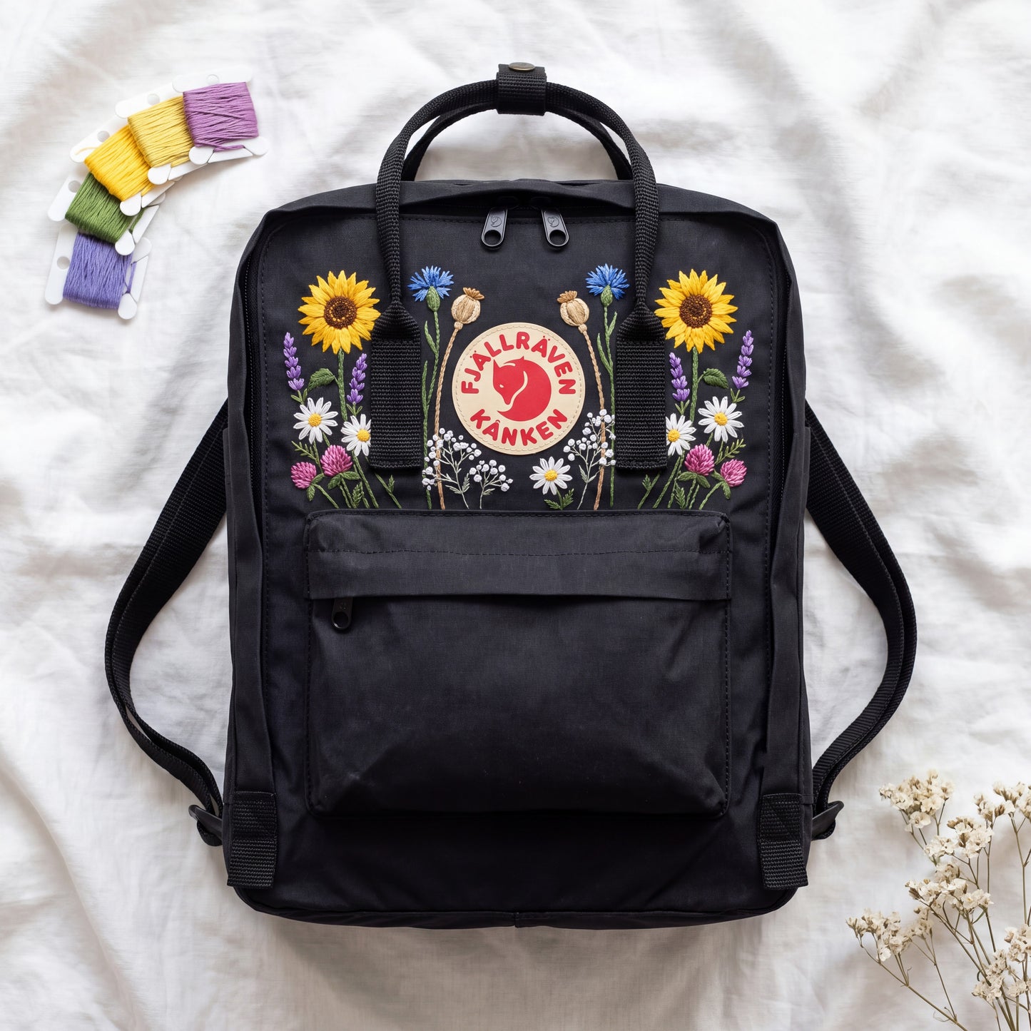 Hand Embroidered Fjallraven Kanken Backpack | Sunflower Wildflower Backpack | Daisy Floral Kanken Bag | Custom Personalized Backpack