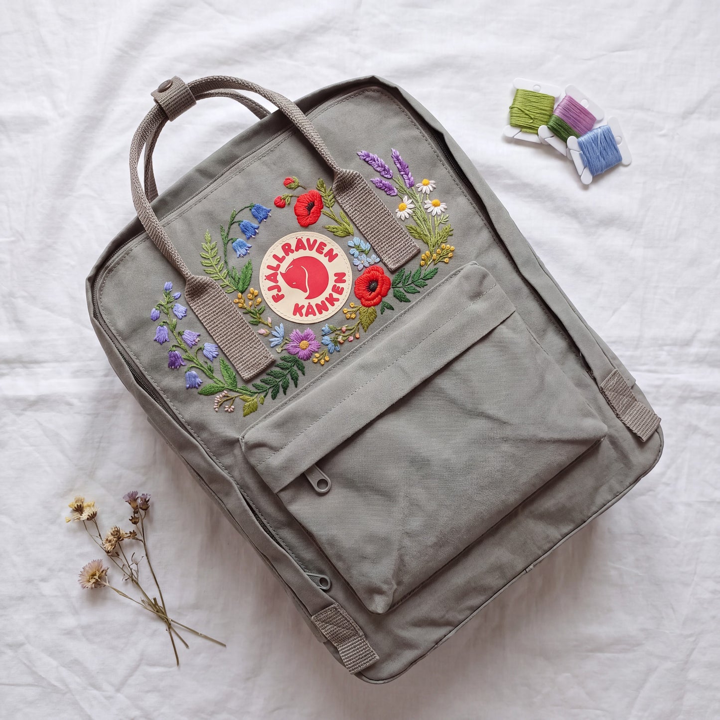 Hand Embroidered Fjallraven Kanken Backpack, Wildflower Floral Backpack, Poppy Bluebell Flower Bag, Custom Personalized Kanken Backpack