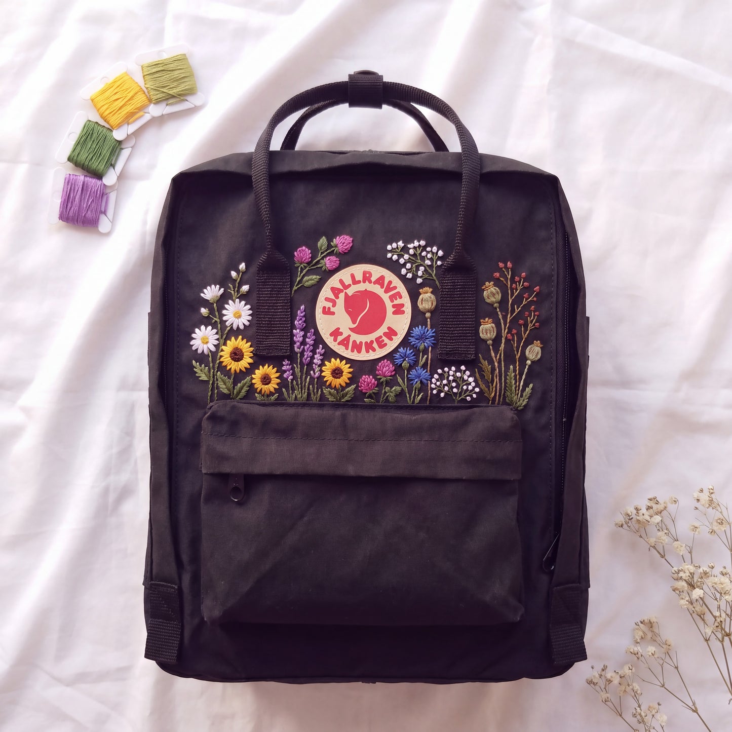 Hand Embroidered Fjallraven Kanken Backpack | Wildflower Floral Backpack | Sunflower Daisy Kanken Bag | Custom Personalized Backpack