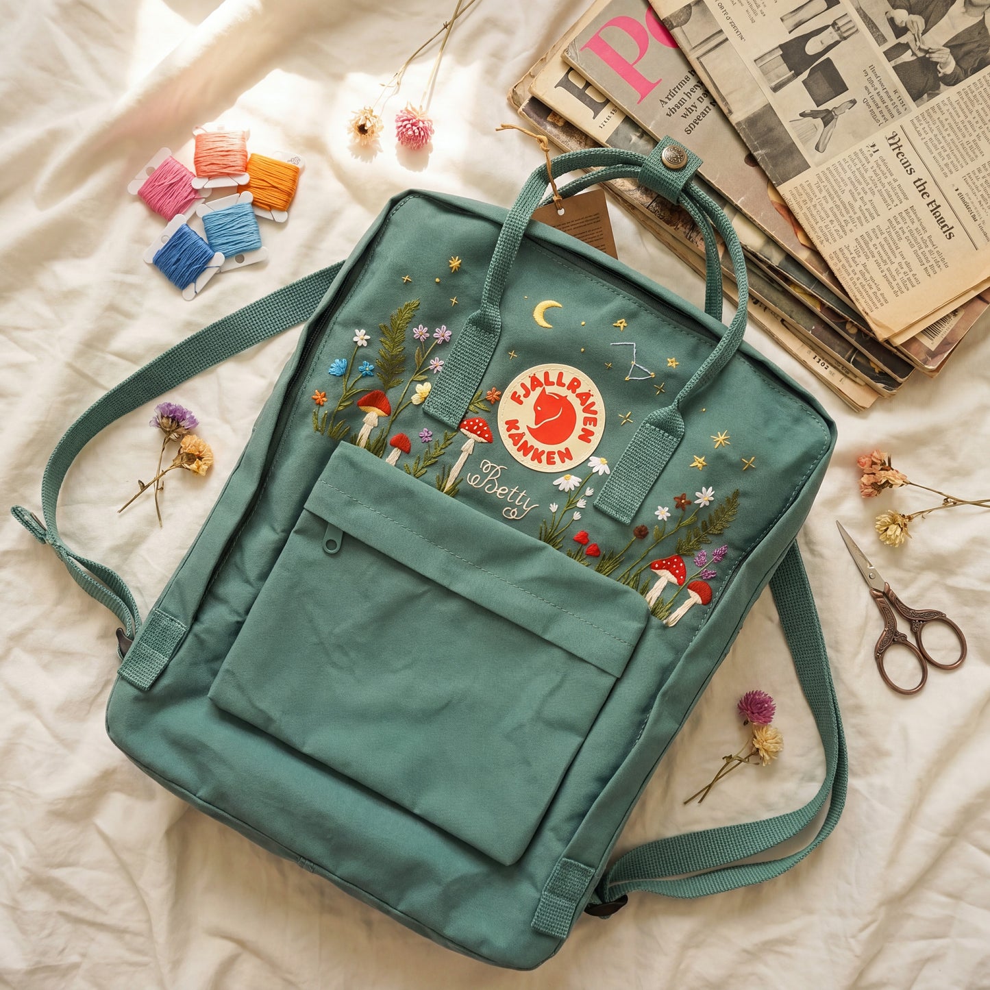 Fjallraven Kanken Backpack Embroidered with Mushrooms and Wildflowers | Mushroom & Floral Design Backpack | Personalized Custom Kanken