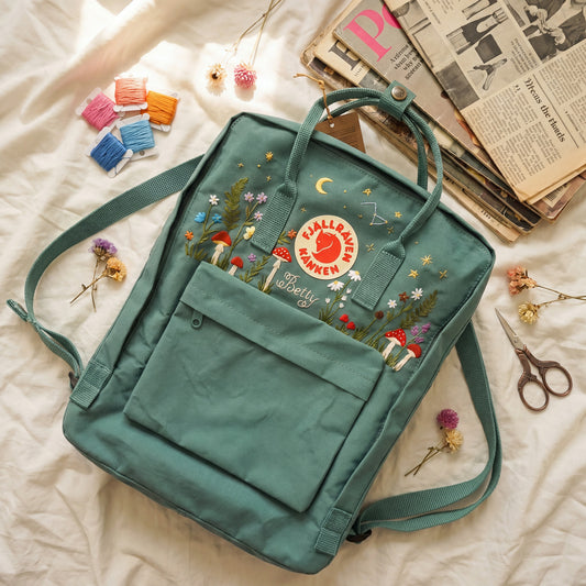 Fjallraven Kanken Backpack Embroidered with Mushrooms and Wildflowers | Mushroom & Floral Design Backpack | Personalized Custom Kanken