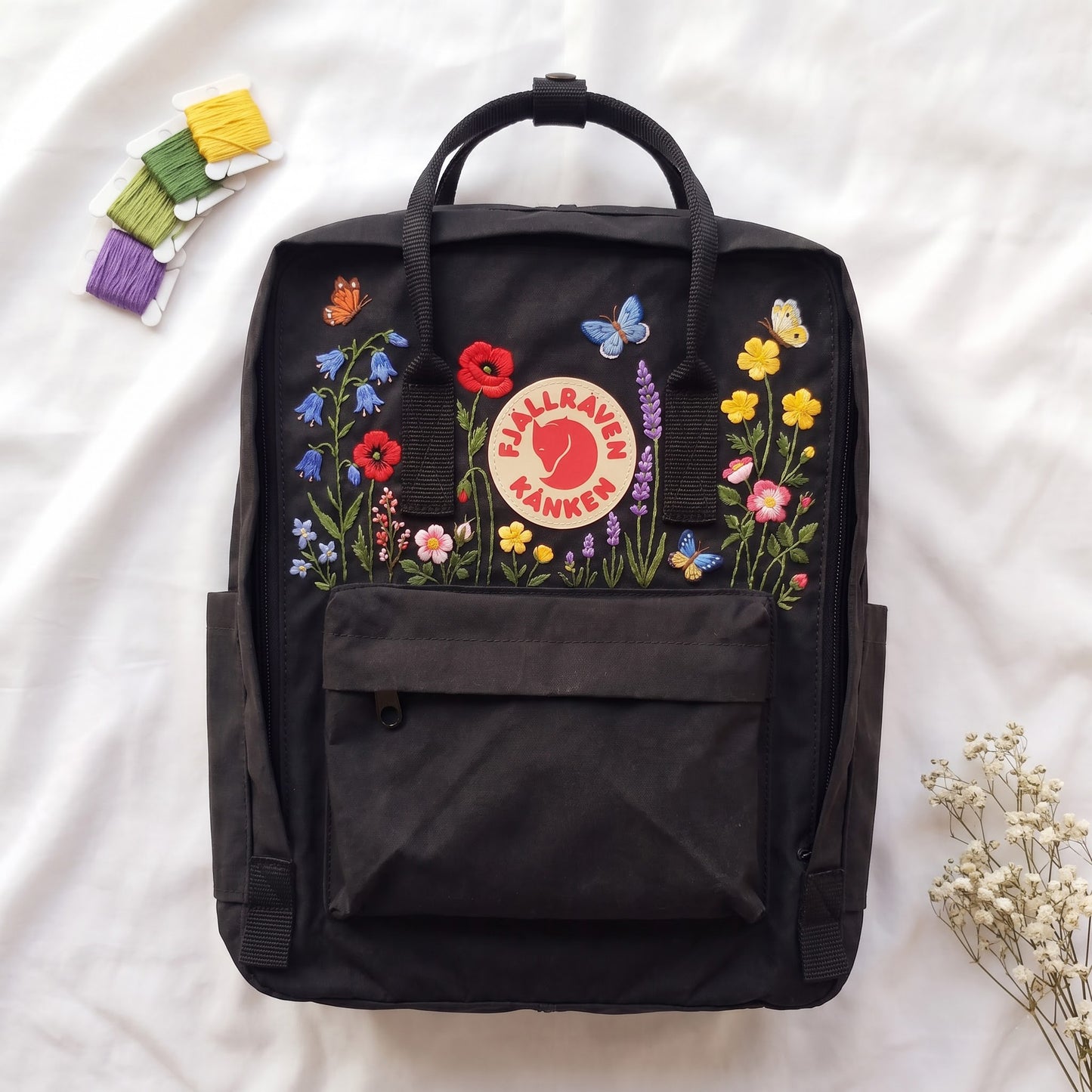 Hand Embroidered Fjallraven Kanken Backpack, Floral Butterfly Kanken Bag, Custom Embroidered Backpack, Personalized Kanken Backpack