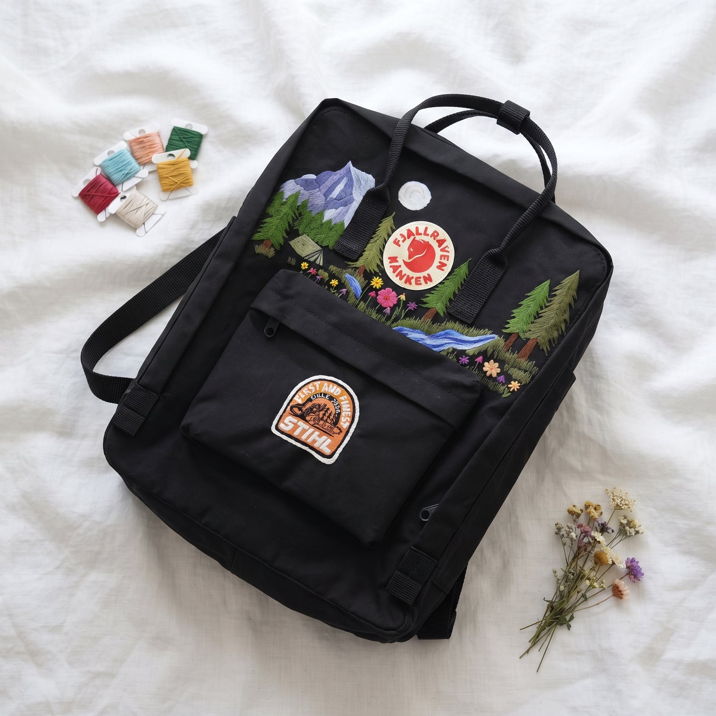 Custom Logo Embroidered Fjallraven Kanken Backpack | Personalized Symbol Kanken Bag | Mountain & Forest Embroidery | Camping Hiking Backpack