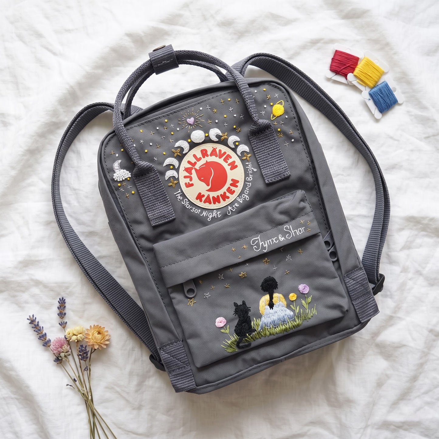 Personalized Fjallraven Kanken Celestial Backpack | Embroidered Moon Phases Kanken Bag | Custom Starry Night Cottagecore Backpack|Cosmic Cat
