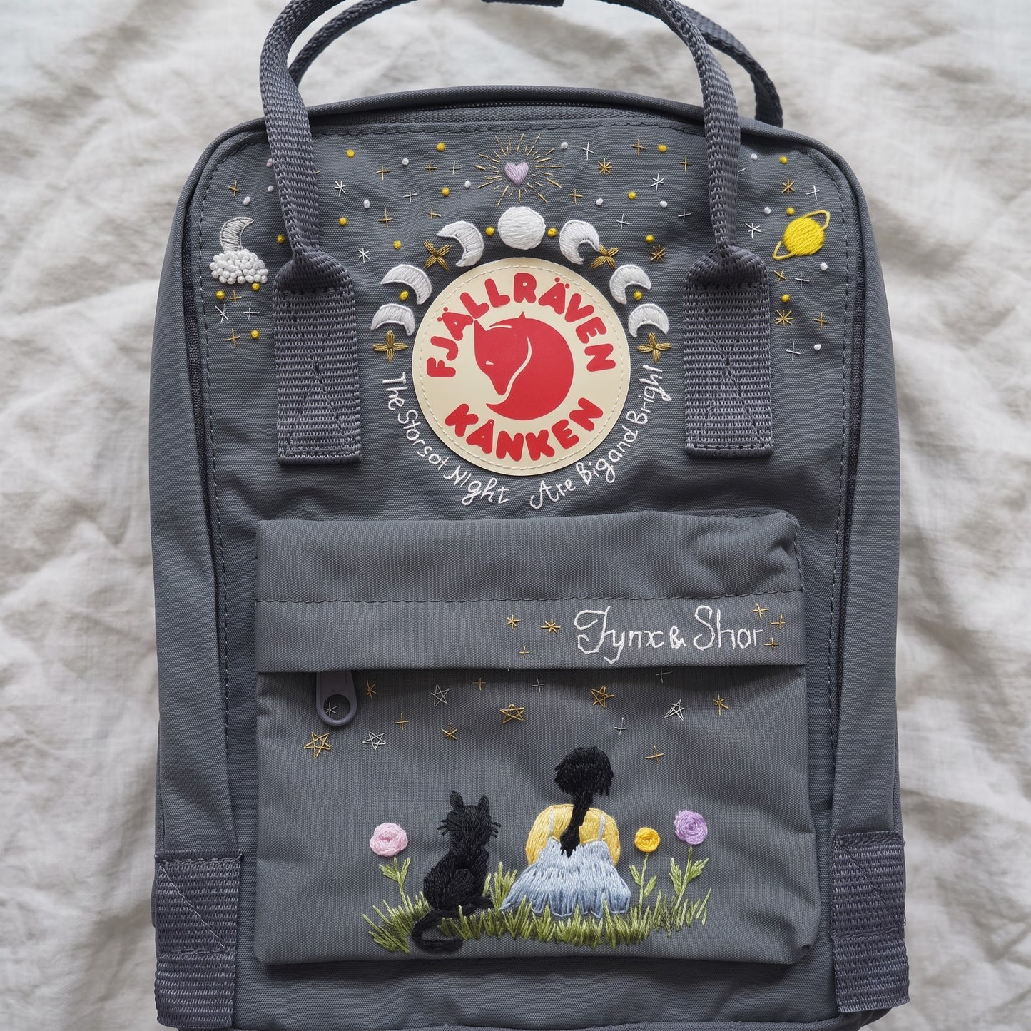 Personalized Fjallraven Kanken Celestial Backpack | Embroidered Moon Phases Kanken Bag | Custom Starry Night Cottagecore Backpack|Cosmic Cat