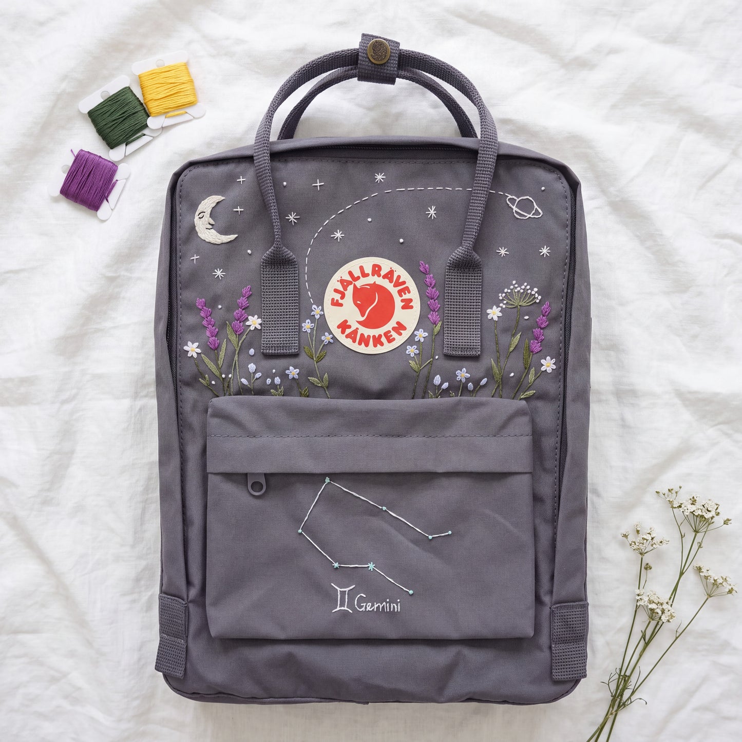 Personalized Fjallraven Kanken Backpack | Gemini Zodiac Embroidered Backpack | Moon & Stars Celestial Kanken Bag | Lavender Backpack