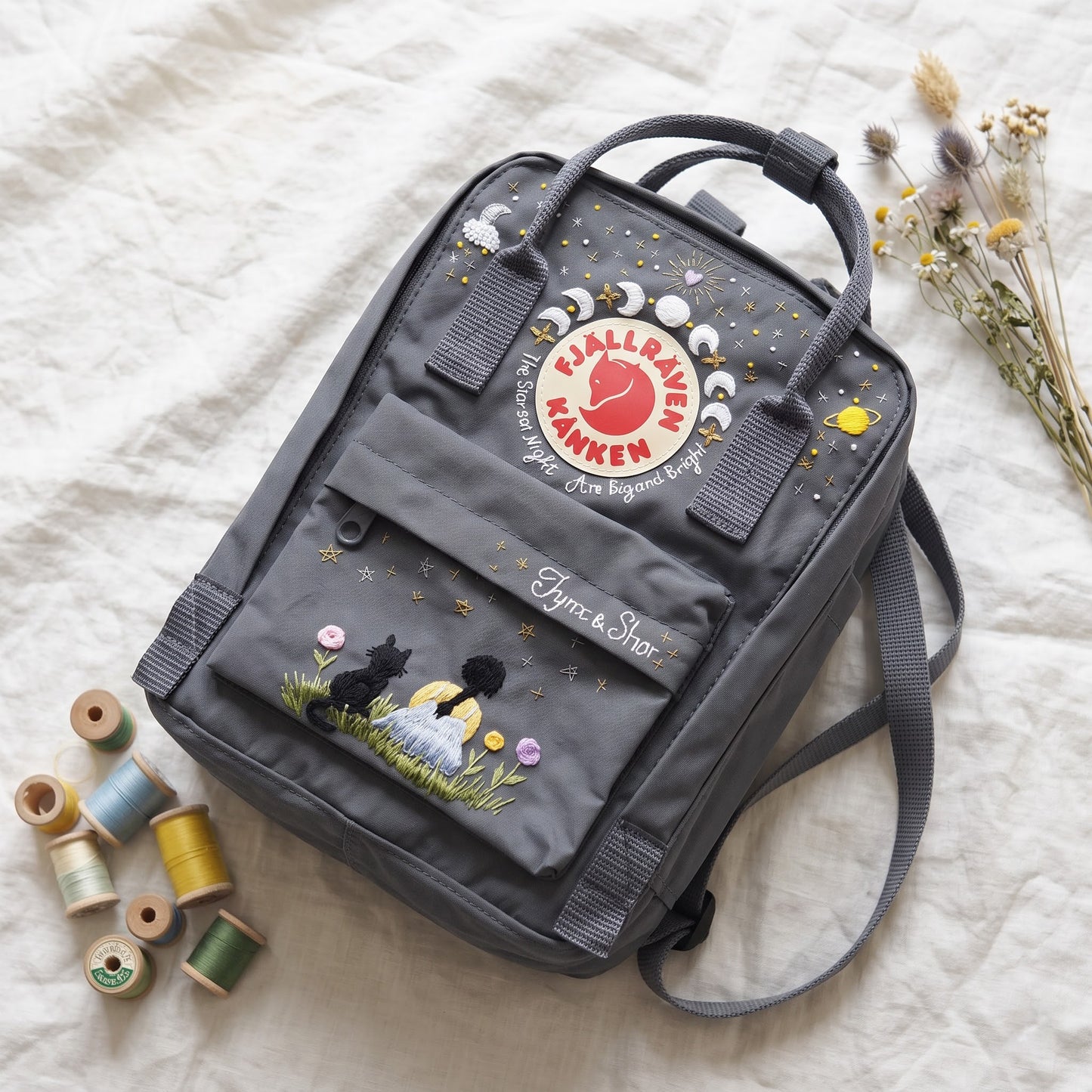 Personalized Fjallraven Kanken Celestial Backpack | Embroidered Moon Phases Kanken Bag | Custom Starry Night Cottagecore Backpack|Cosmic Cat
