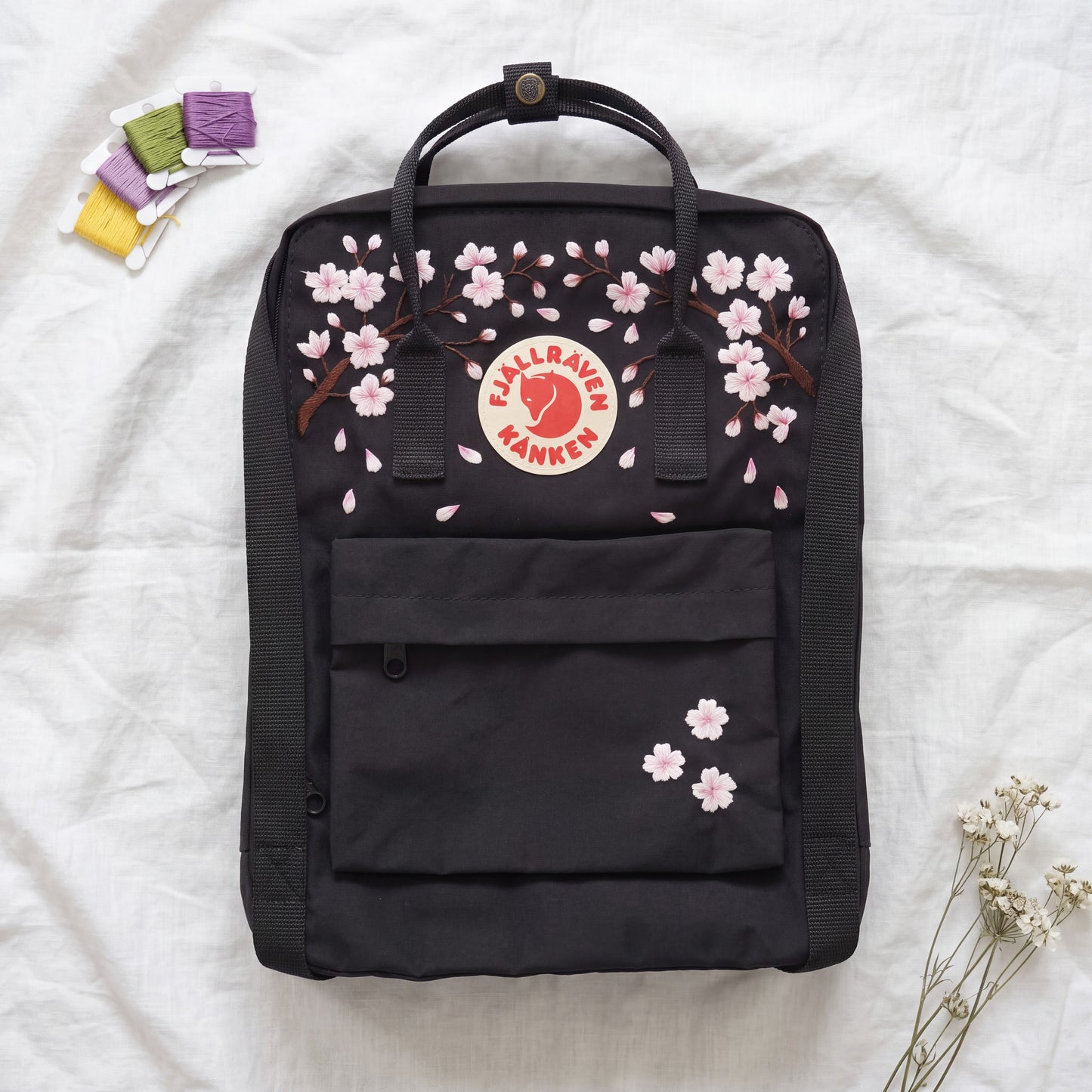 Fjallraven KaFjallraven Kanken Cherry Blossom Embroidered Backpack | Sakura Floral Hand Embroidery | Custom Name Kanken Bag | Back to School