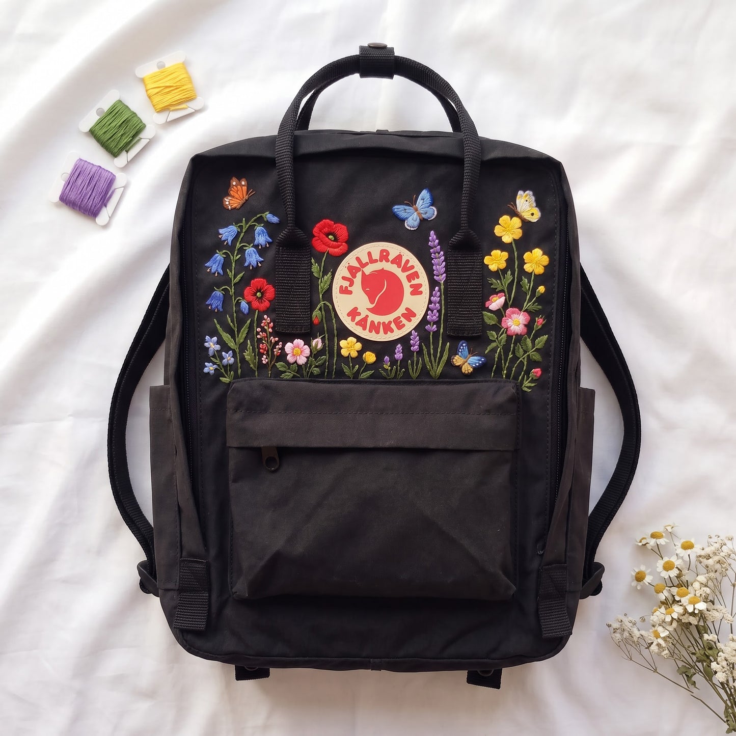 Hand Embroidered Fjallraven Kanken Backpack, Floral Butterfly Kanken Bag, Custom Embroidered Backpack, Personalized Kanken Backpack