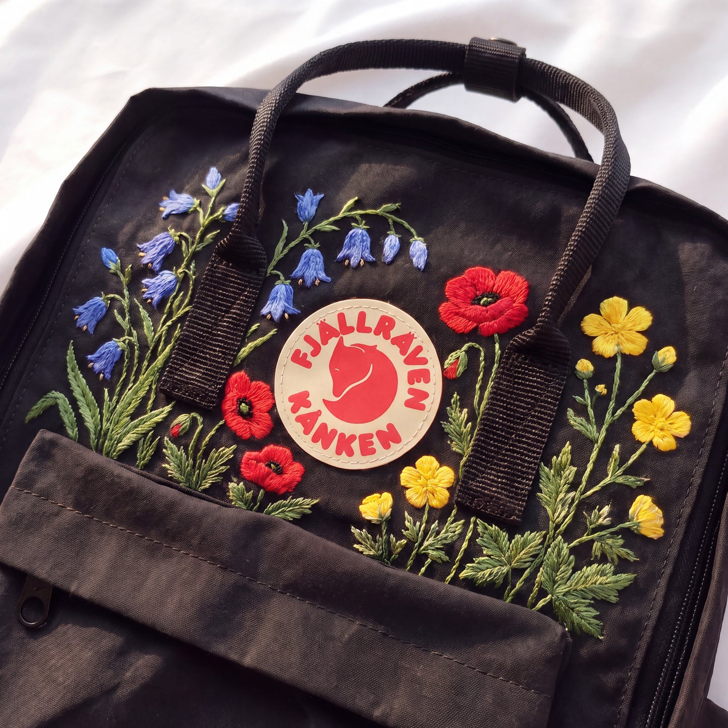 Hand Embroidered Fjallraven Kanken Backpack, Wildflower Floral Backpack, Poppy Flower Kanken Bag, Custom Embroidered Backpack