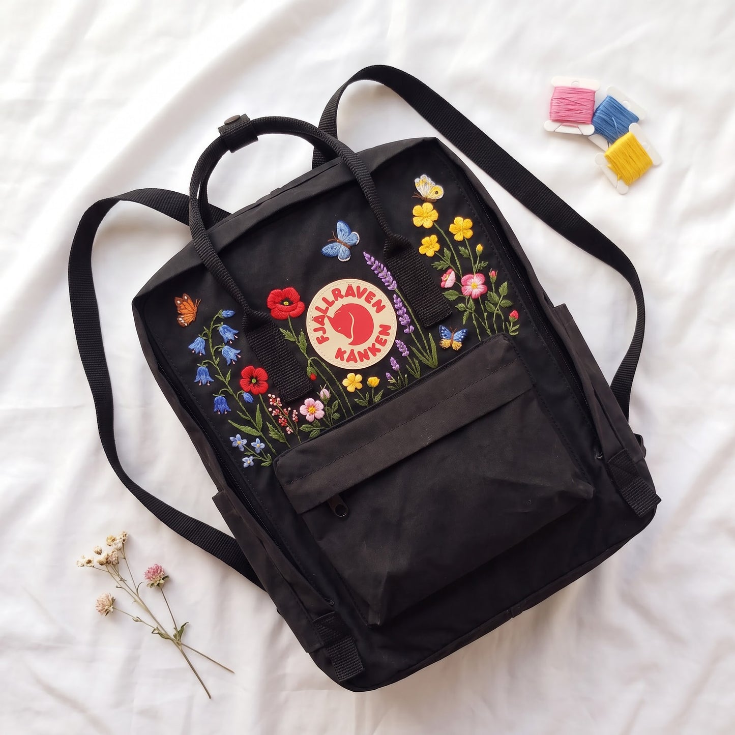 Hand Embroidered Fjallraven Kanken Backpack, Floral Butterfly Kanken Bag, Custom Embroidered Backpack, Personalized Kanken Backpack