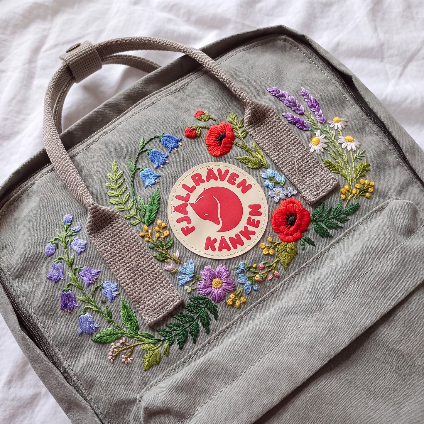 Hand Embroidered Fjallraven Kanken Backpack, Wildflower Floral Backpack, Poppy Bluebell Flower Bag, Custom Personalized Kanken Backpack