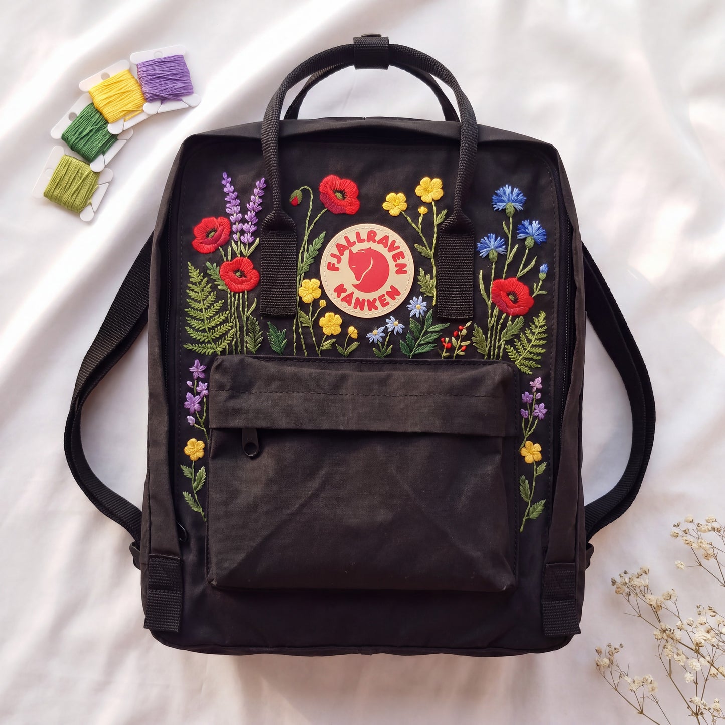 Fjallraven Kanken Embroidered Backpack | Floral Embroidery Backpack | Colorful Wildflower Bag | Canvas Backpack | Handmade Flower Backpack