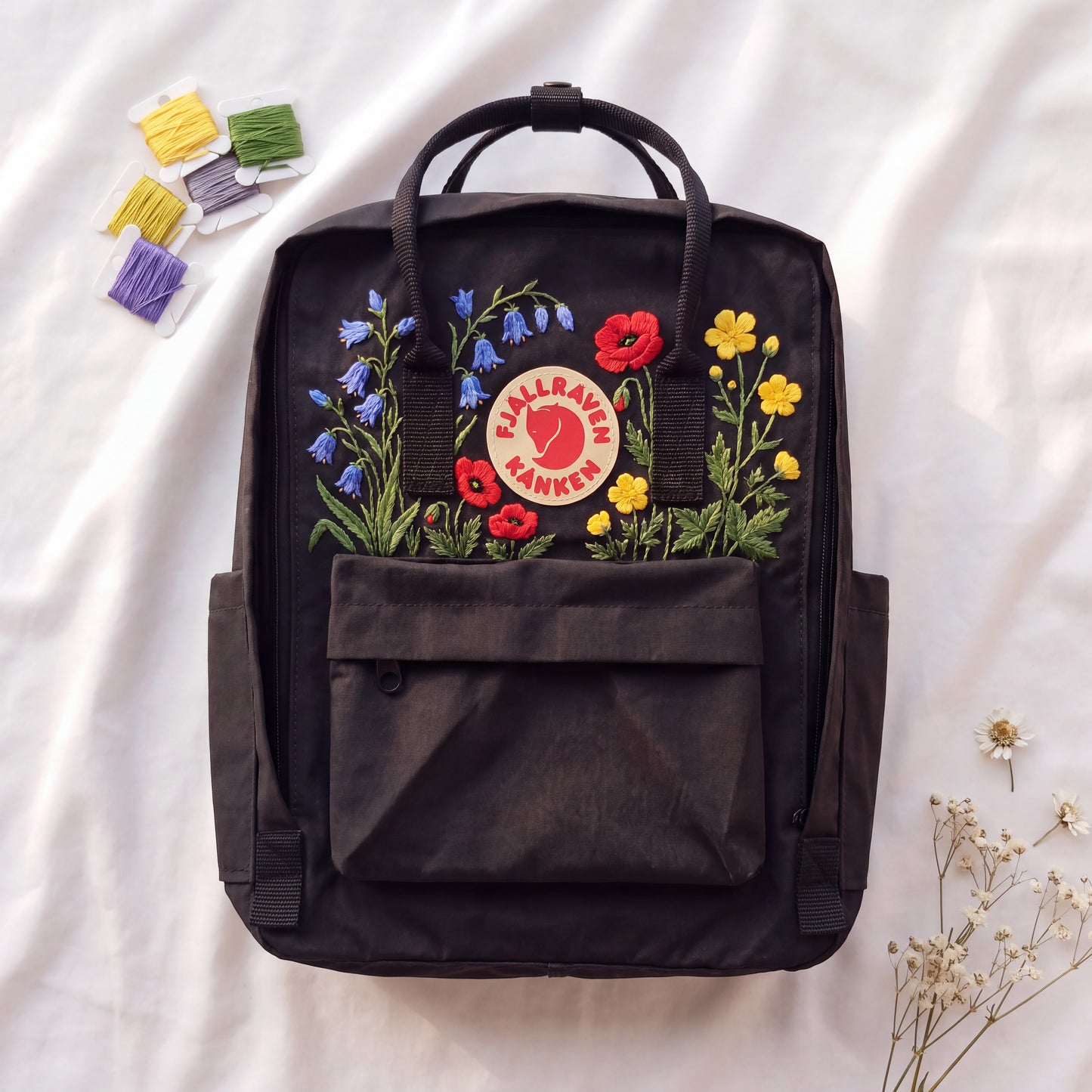 Hand Embroidered Fjallraven Kanken Backpack, Wildflower Floral Backpack, Poppy Flower Kanken Bag, Custom Embroidered Backpack