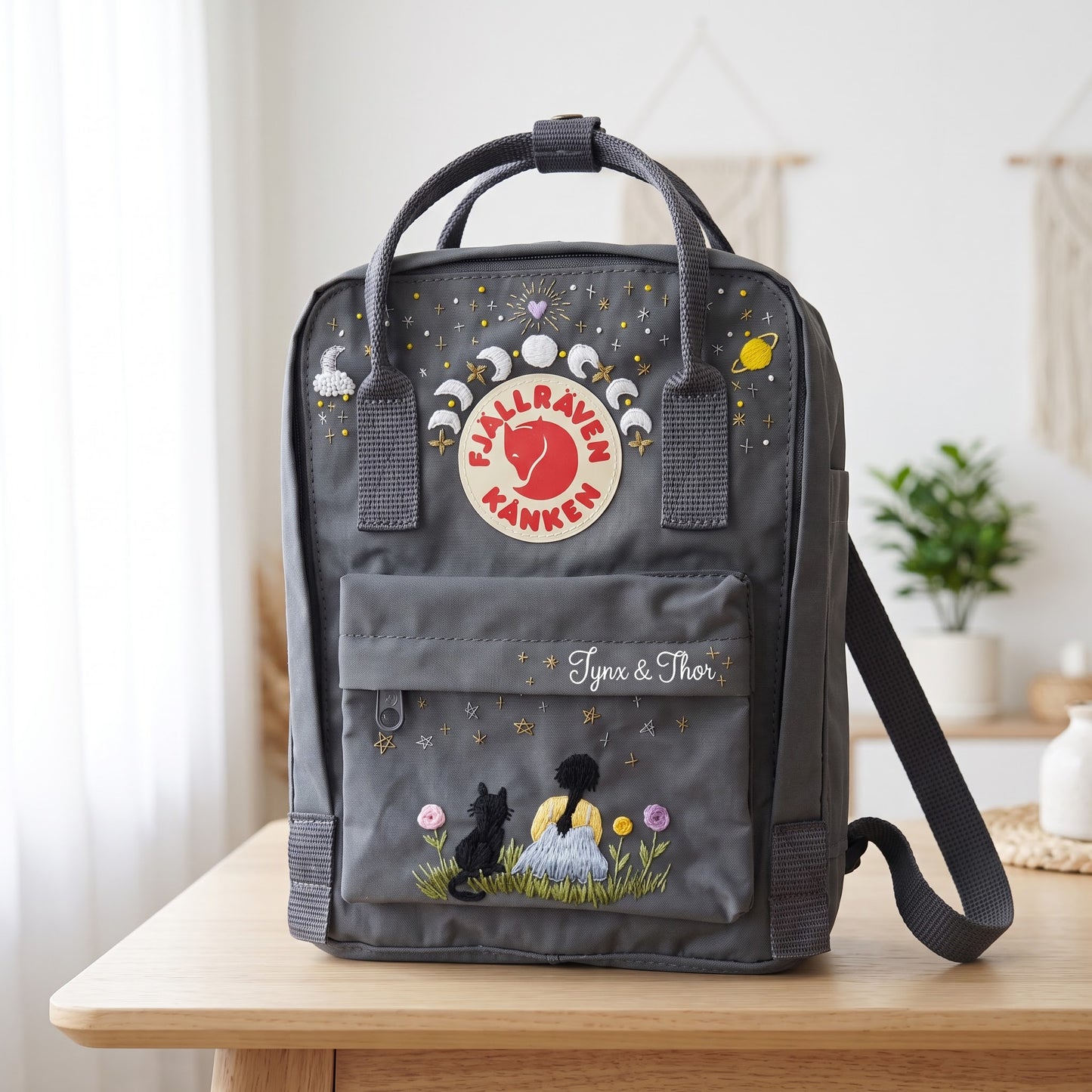 Personalized Fjallraven Kanken Celestial Backpack | Embroidered Moon Phases Kanken Bag | Custom Starry Night Cottagecore Backpack|Cosmic Cat