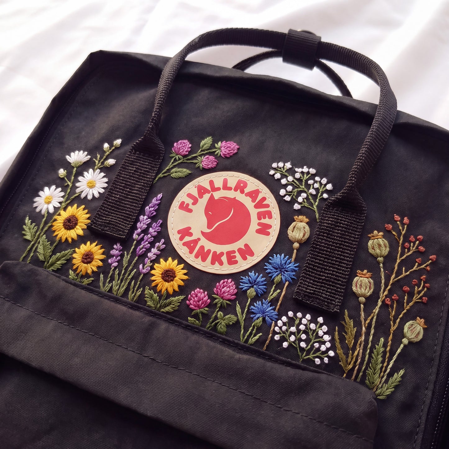 Hand Embroidered Fjallraven Kanken Backpack | Wildflower Floral Backpack | Sunflower Daisy Kanken Bag | Custom Personalized Backpack