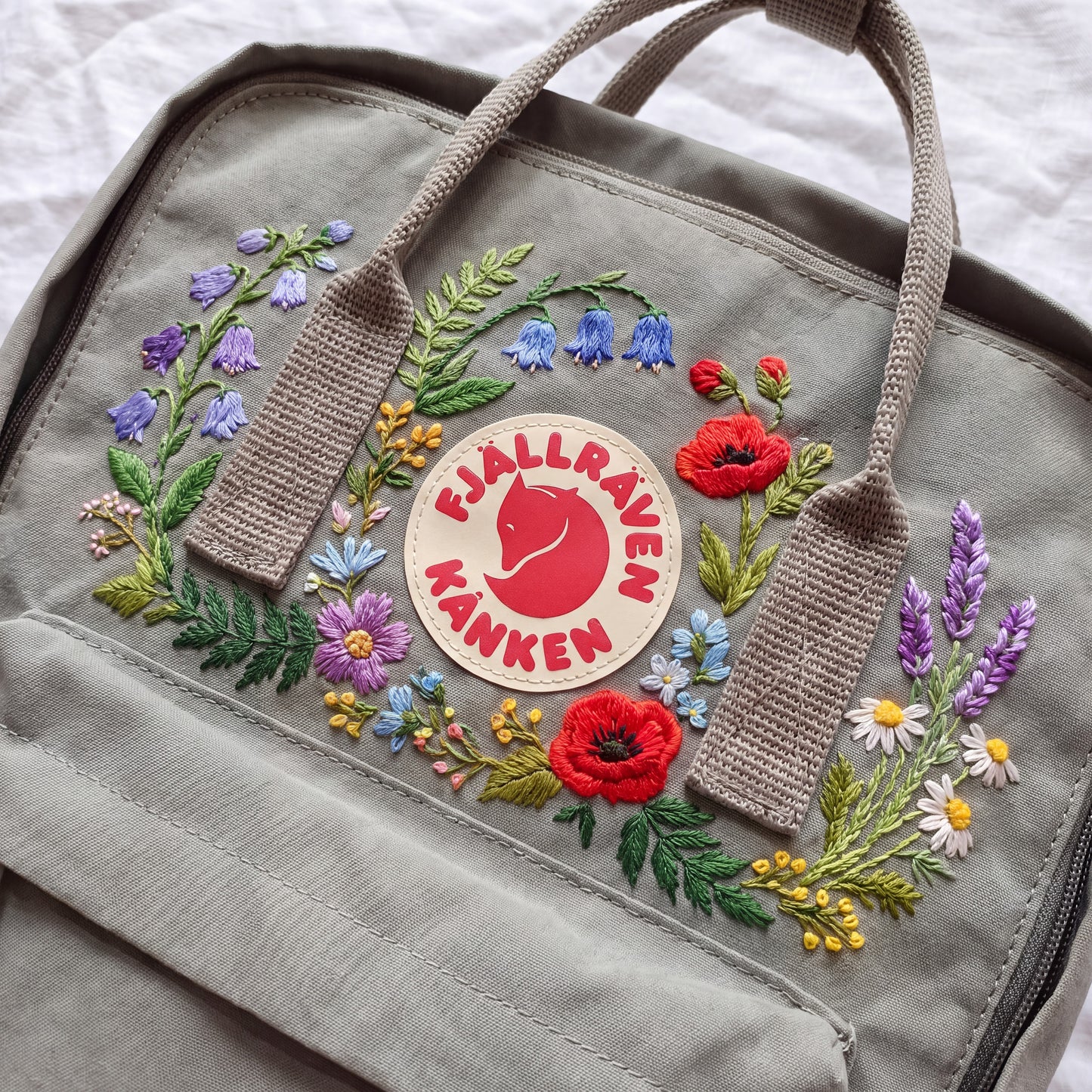 Hand Embroidered Fjallraven Kanken Backpack, Wildflower Floral Backpack, Poppy Bluebell Flower Bag, Custom Personalized Kanken Backpack