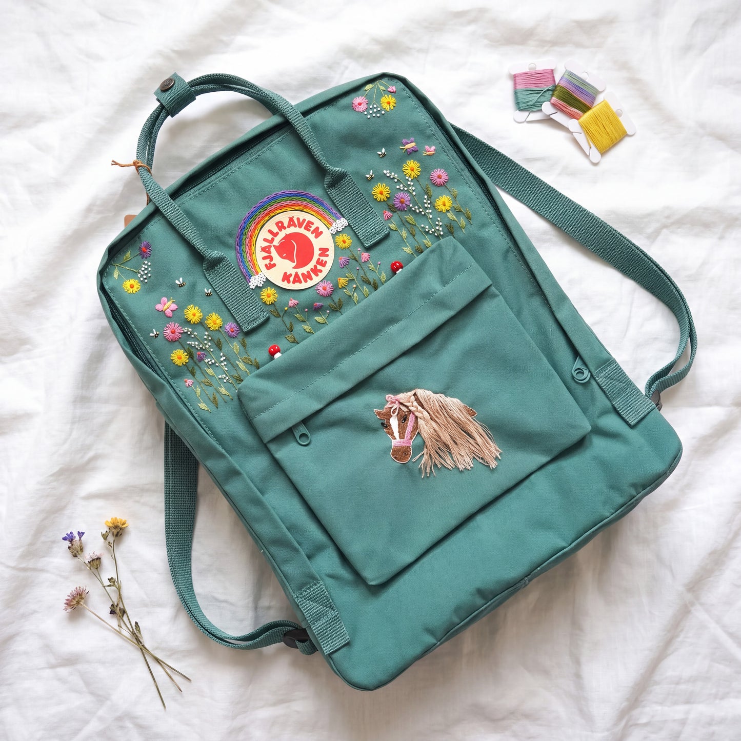Fjallraven Kanken Embroidered Backpack | Colorful Flower & Rainbow Backpack | Horse Embroidery Kanken | Custom Animal Embroidery Backpack