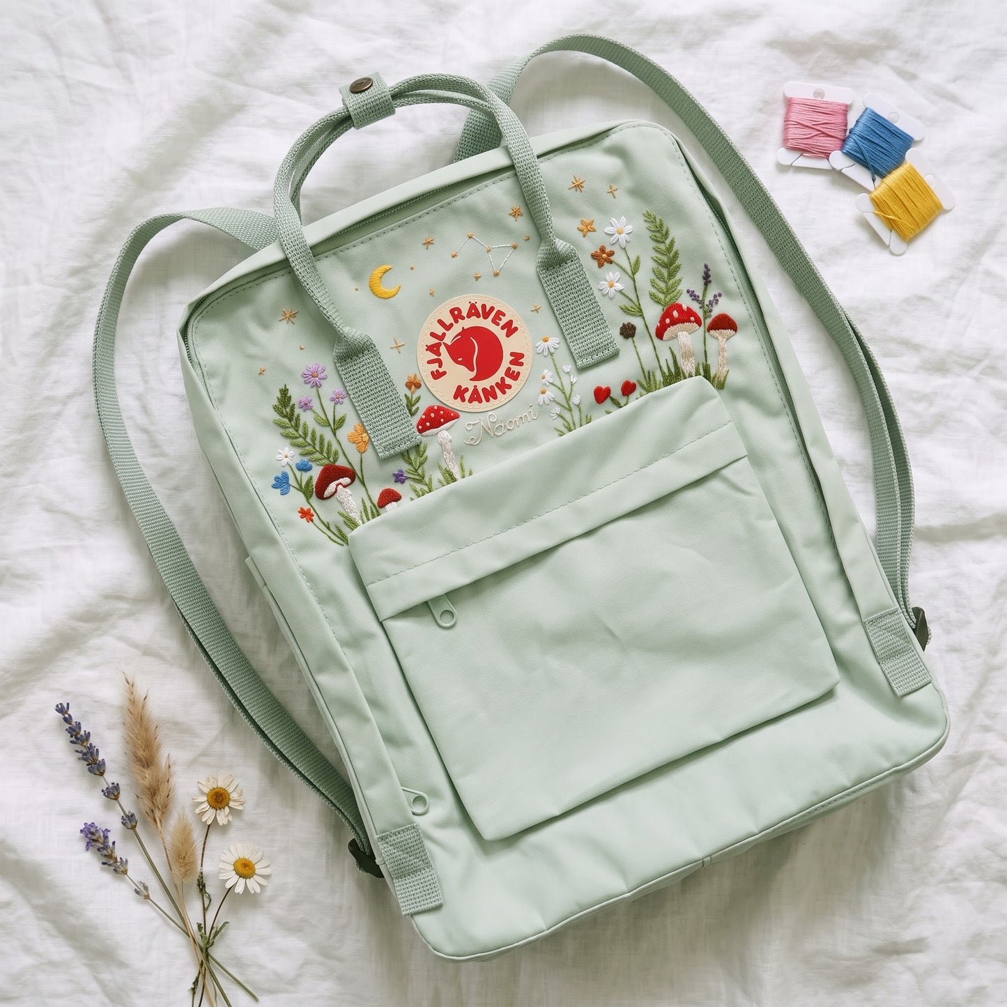 Fjallraven Kanken Backpack Embroidered with Mushrooms and Wildflowers | Mushroom & Floral Design Backpack | Personalized Custom Kanken