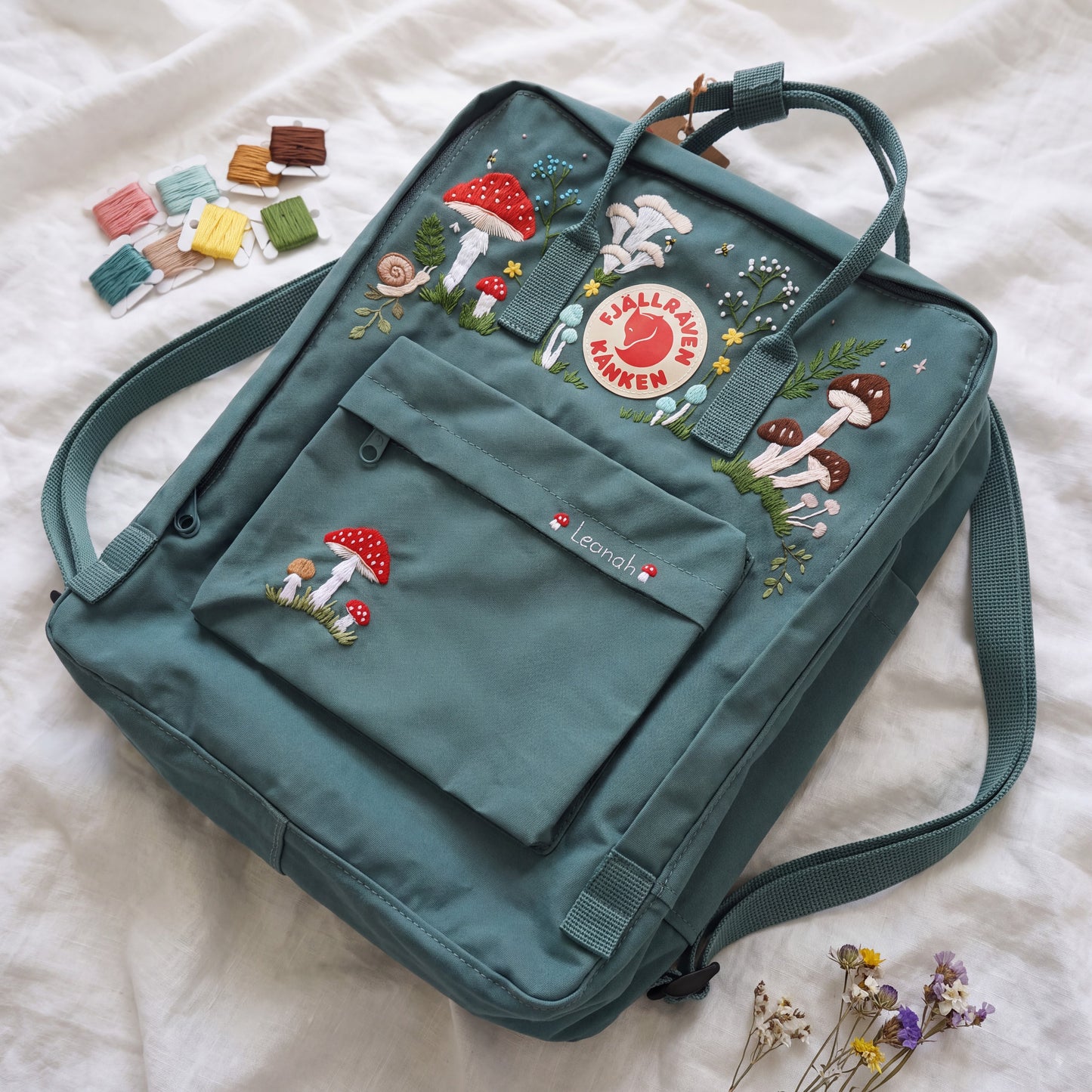 Personalized Fjallraven Kanken Mushroom Backpack | Embroidered Mushroom & Wildflower Kanken Bag | Cottagecore Forest Backpack