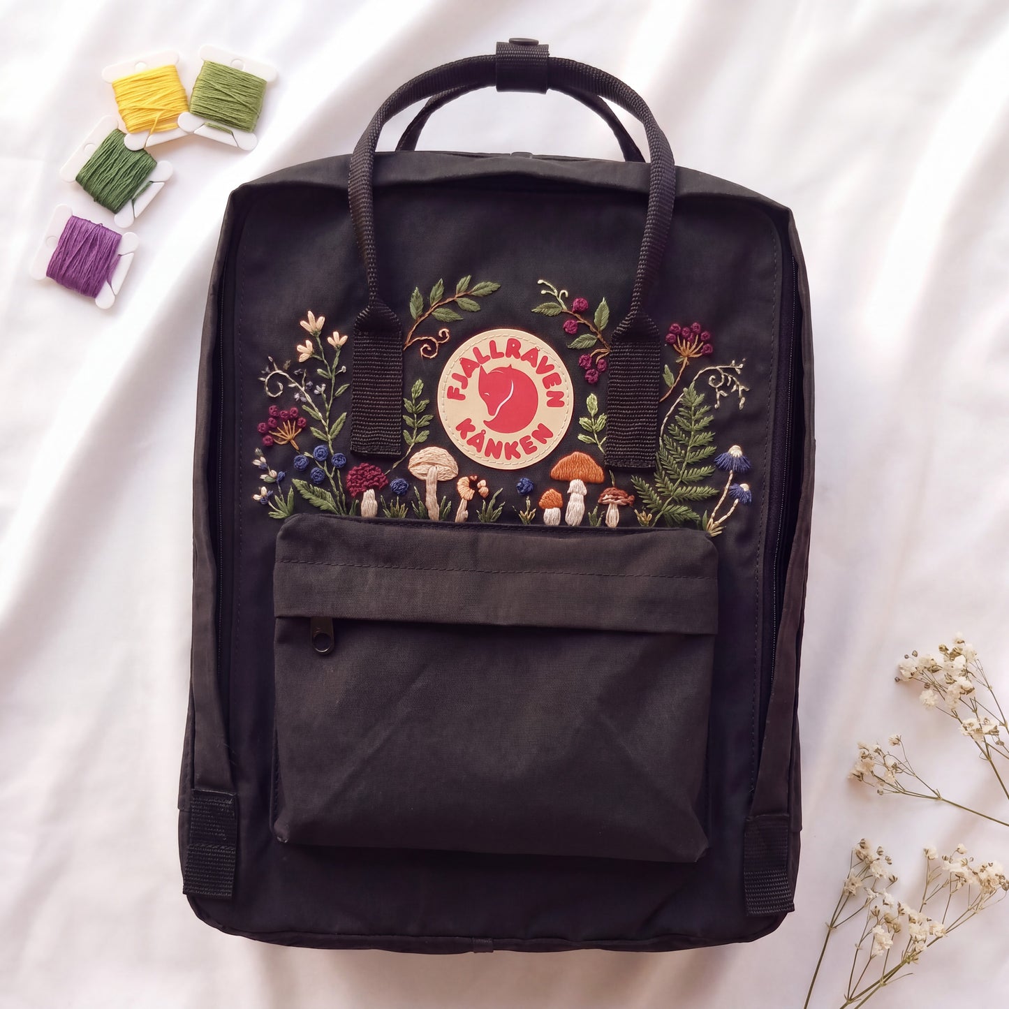Hand Embroidered Fjallraven Kanken Backpack, Mushroom Floral Backpack, Cottagecore Forest Bag, Custom Personalized Kanken Backpack