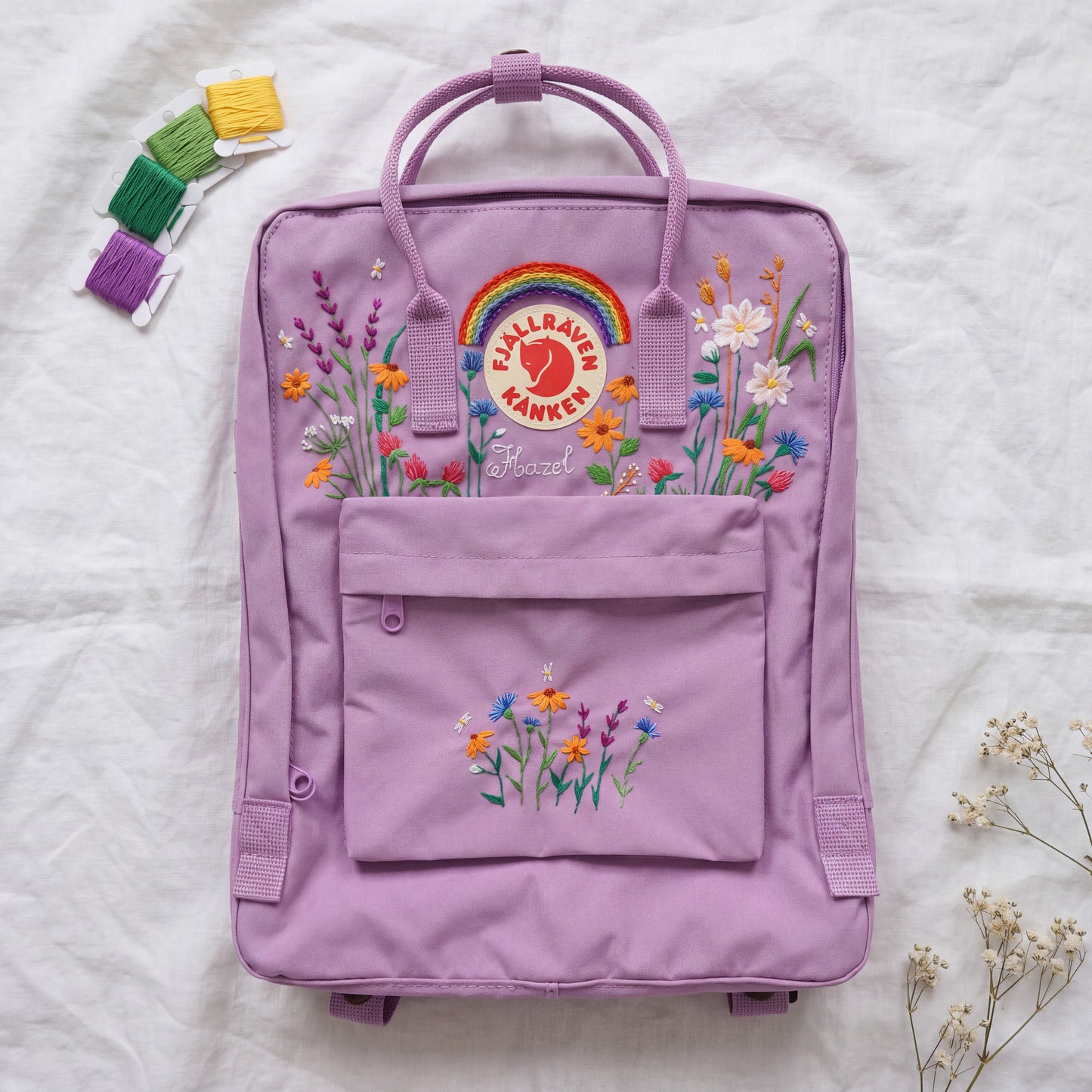 Custom Embroidered Fjallraven Kanken Backpack Wildflower | Fjallraven Kanken Travel Backpack| Handmade Cottagecore School Bag|Wildflower Bag