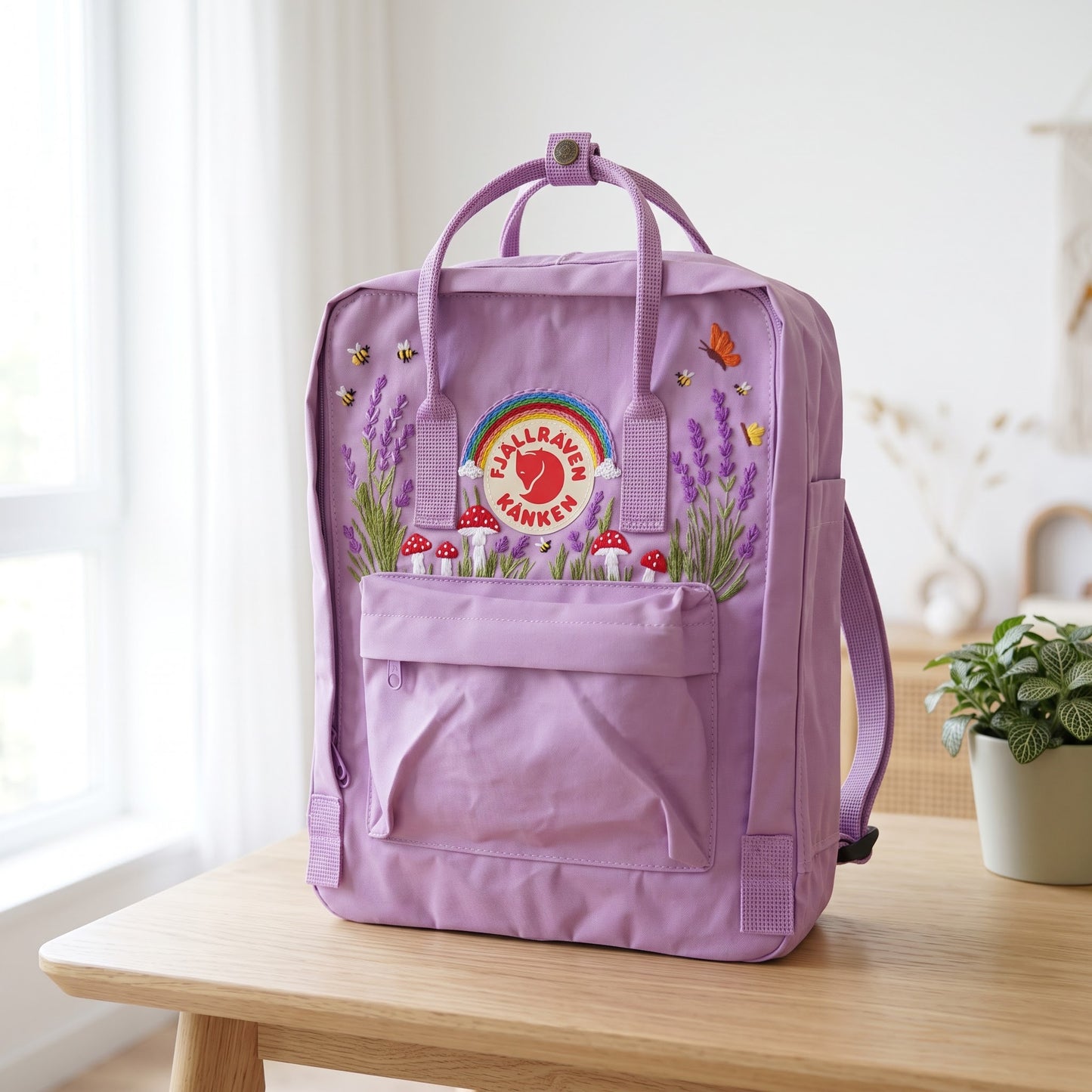 Fjallraven Kanken Rainbow Lavender Mushroom Embroidered Backpack | Lavender Mushroom Cottagecore Backpack | Cute Rainbow Floral School Bag