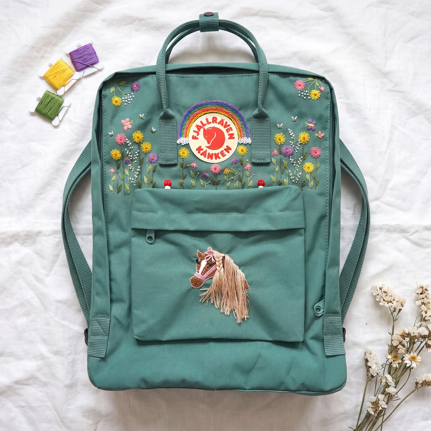 Fjallraven Kanken Embroidered Backpack | Colorful Flower & Rainbow Backpack | Horse Embroidery Kanken | Custom Animal Embroidery Backpack