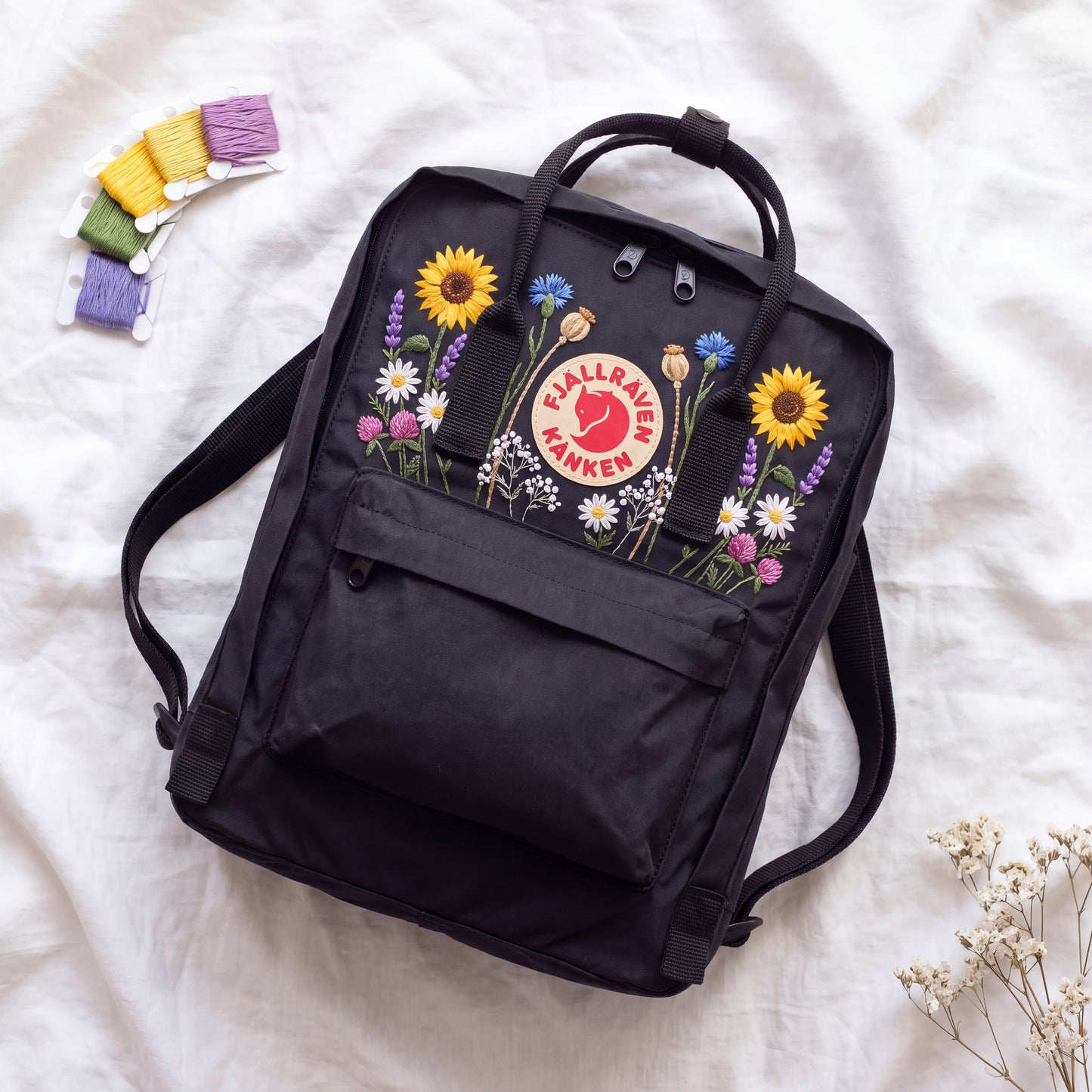 Hand Embroidered Fjallraven Kanken Backpack | Sunflower Wildflower Backpack | Daisy Floral Kanken Bag | Custom Personalized Backpack