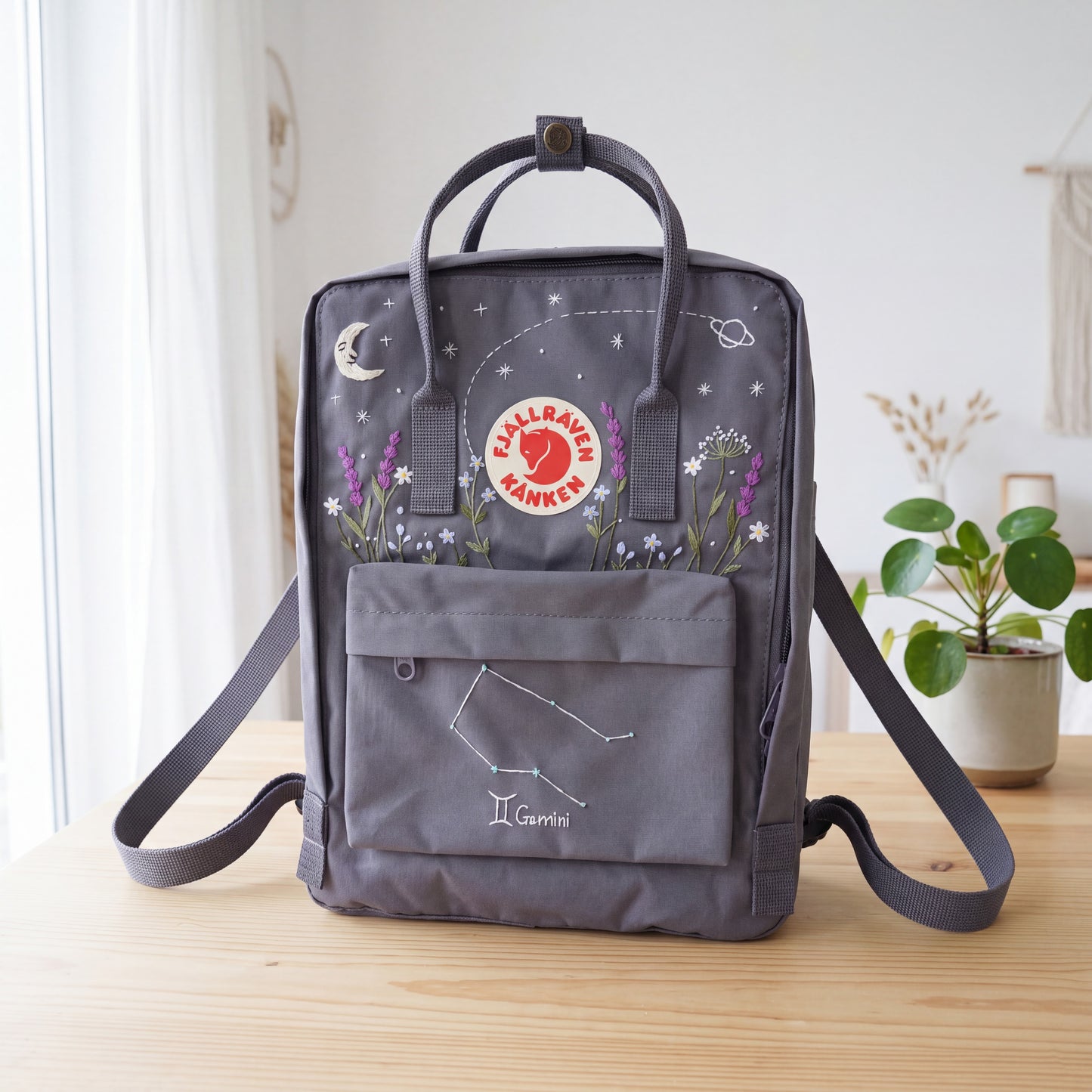 Personalized Fjallraven Kanken Backpack | Gemini Zodiac Embroidered Backpack | Moon & Stars Celestial Kanken Bag | Lavender Backpack