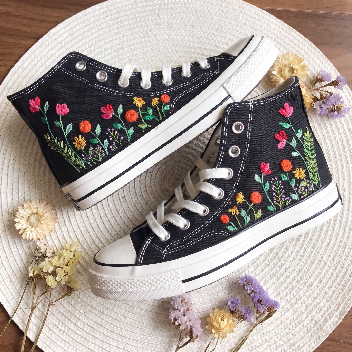 Hand Embroidered High Top Converse Shoes | Custom Rose Floral Sneakers | Personalized Black Canvas Converse Gift