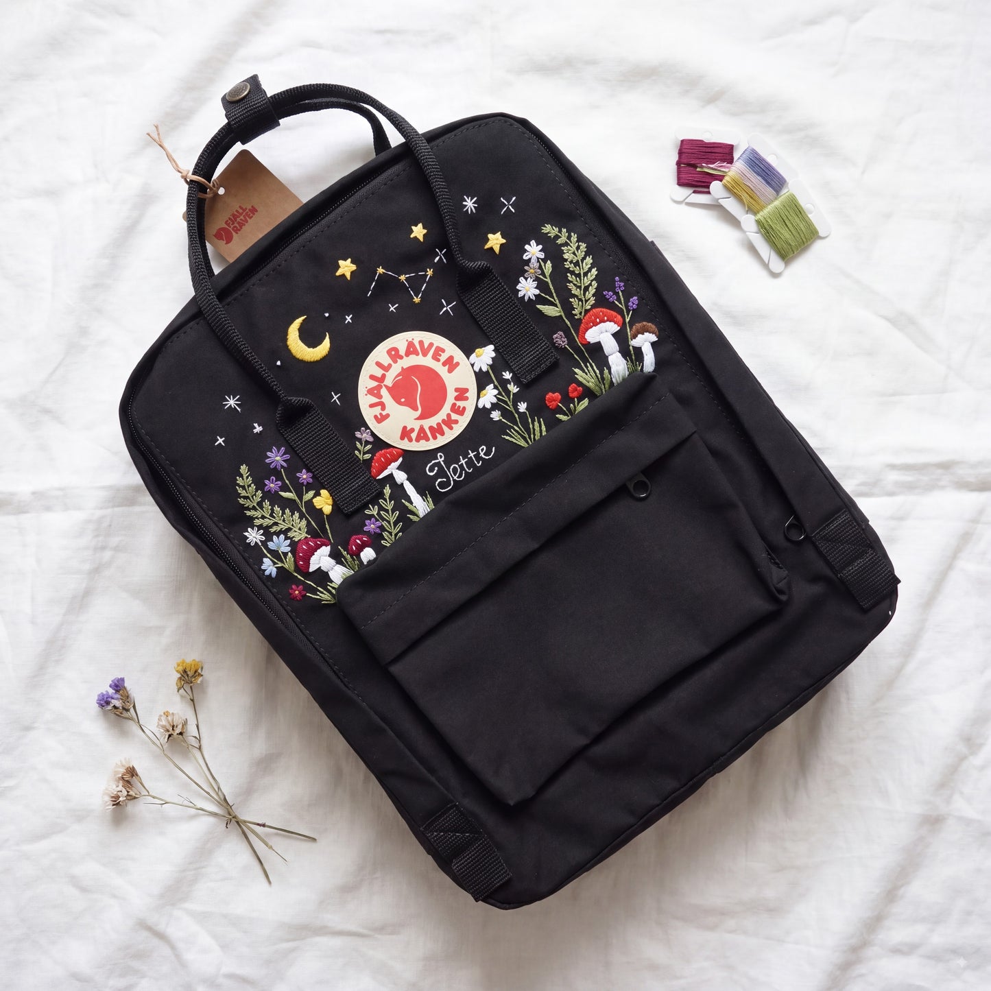 Fjallraven Kanken Backpack Embroidered with Mushrooms and Wildflowers | Mushroom & Floral Design Backpack | Personalized Custom Kanken