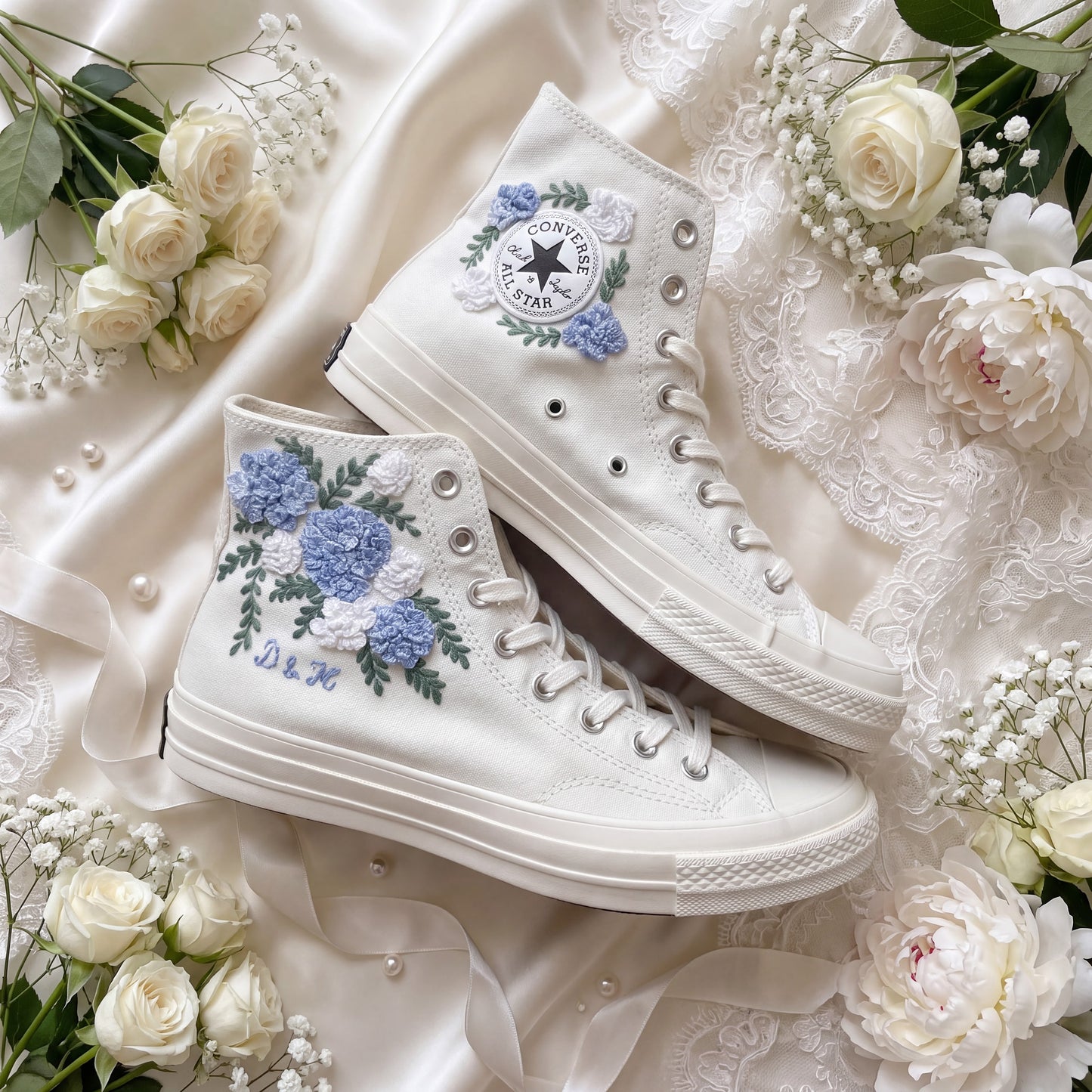 Hand Embroidered Bridal Converse Shoes | Custom Blue Hydrangea Wedding Sneakers | Personalized White Converse Gift for Bride