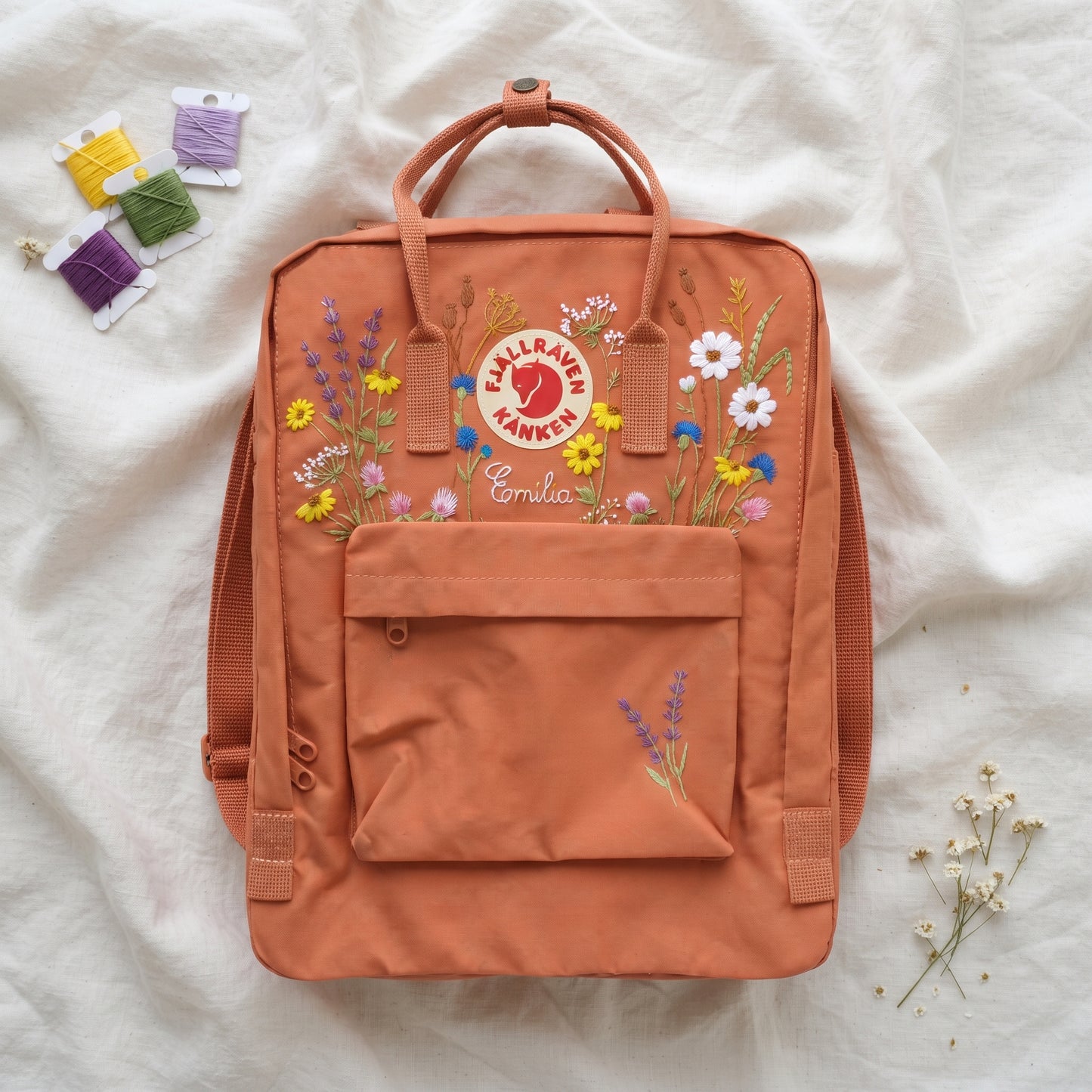 Custom Embroidered Fjallraven Kanken Backpack Wildflower | Fjallraven Kanken Travel Backpack| Handmade Cottagecore School Bag|Wildflower Bag