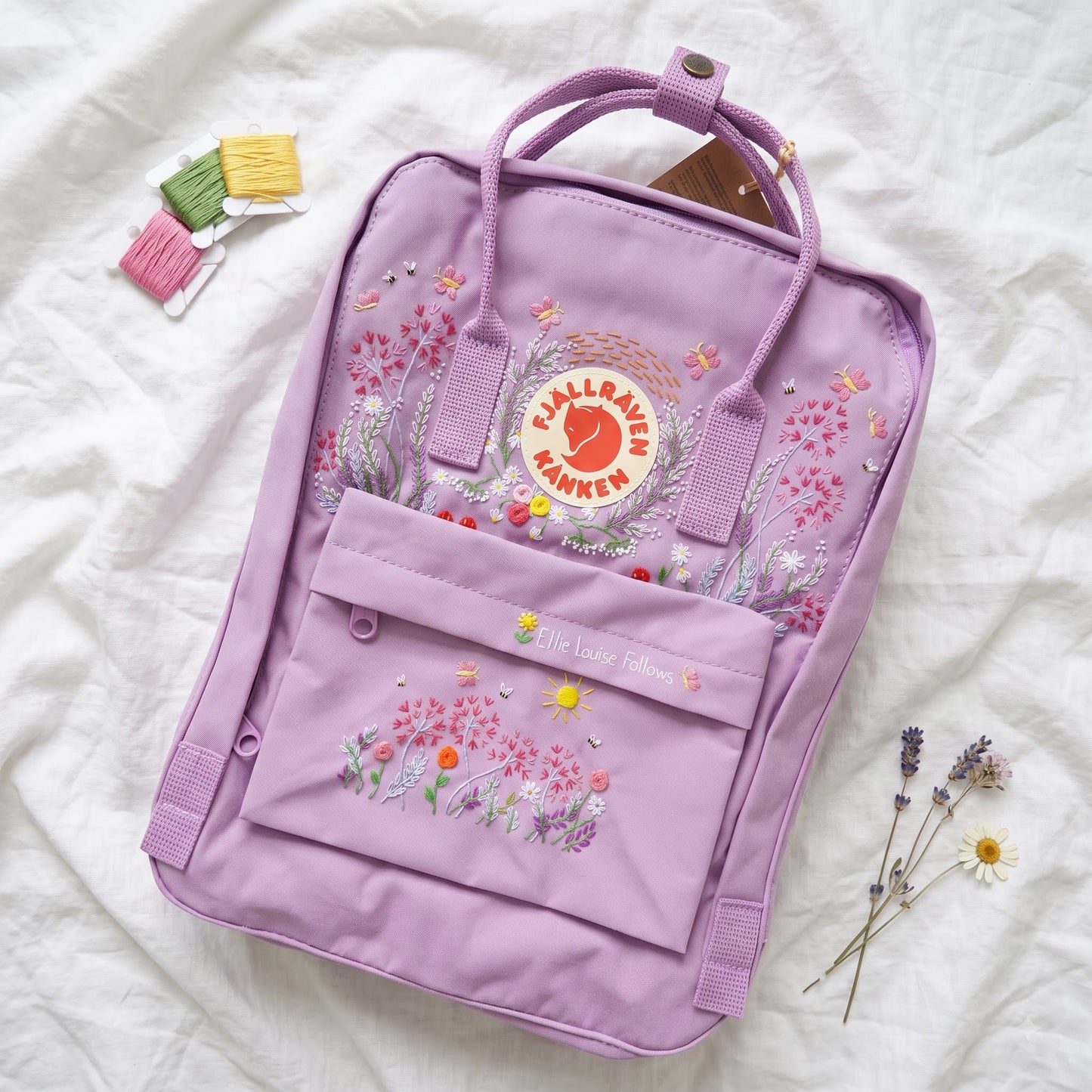 Kanken Backpack Embroidered with Dandelion Flowers / Fjallraven kanken embroidery design Dandelion flowers/ Butterfly and flower embroidered