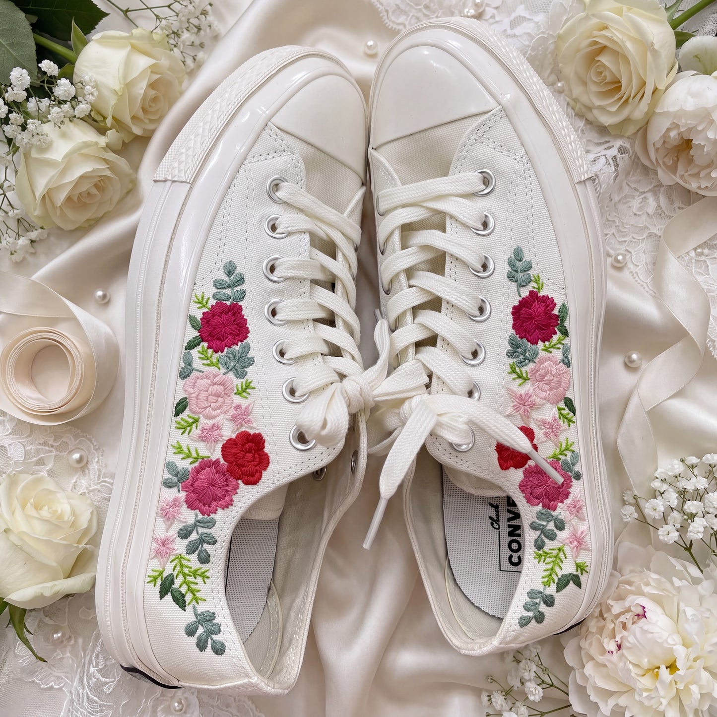 Hand Embroidered Bridal Converse Shoes | Custom Floral Wedding Sneakers | Personalized White Converse Gift for Bride