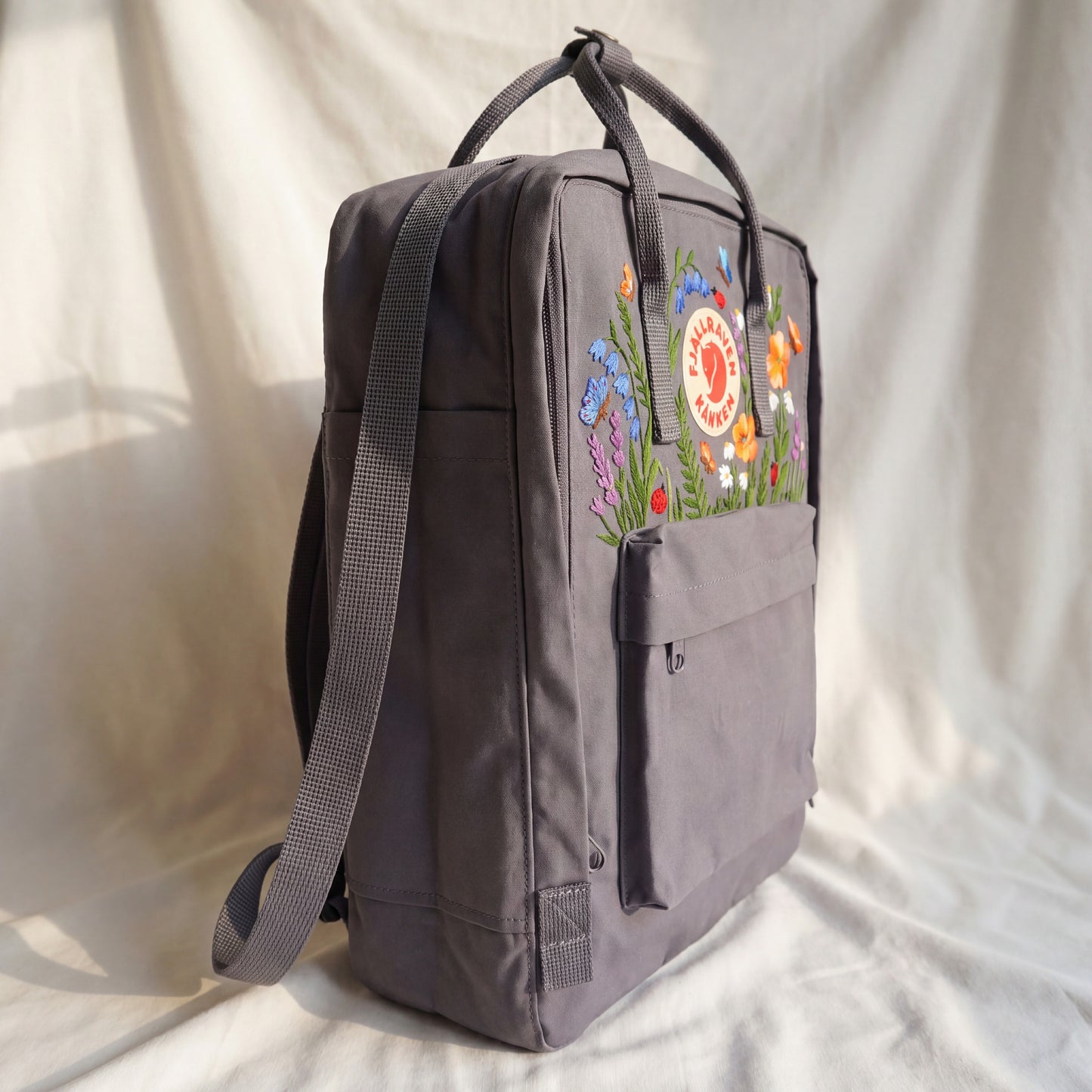 Fjallraven Kanken Wildflower Embroidered Backpack | Poppy Bluebell Daisy Floral Kanken Bag | Butterfly Ladybug Garden Design | Shool Backpack