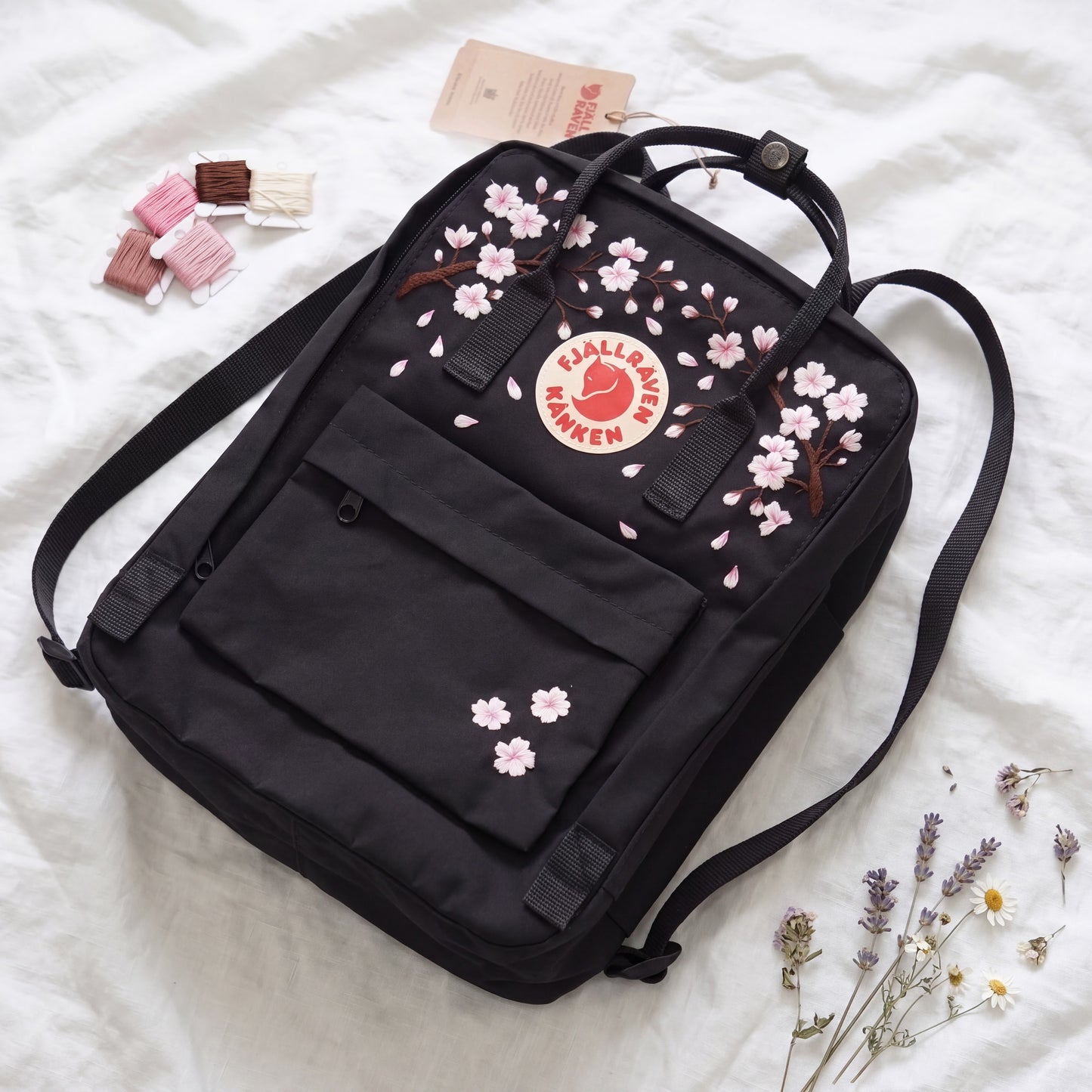 Fjallraven KaFjallraven Kanken Cherry Blossom Embroidered Backpack | Sakura Floral Hand Embroidery | Custom Name Kanken Bag | Back to School
