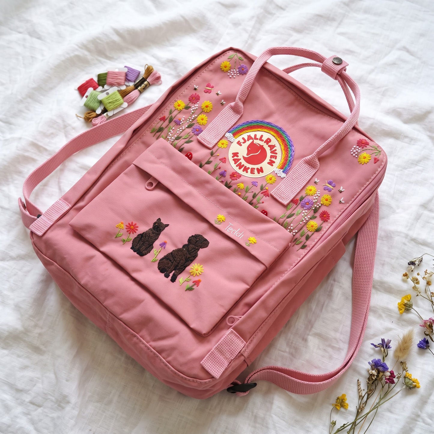 Personalized Fjallraven Kanken Pet Backpack | Custom Cat & Dog Embroidered Kanken Bag |Rainbow Wildflower Backpack | Custom Pet Portrait Bag
