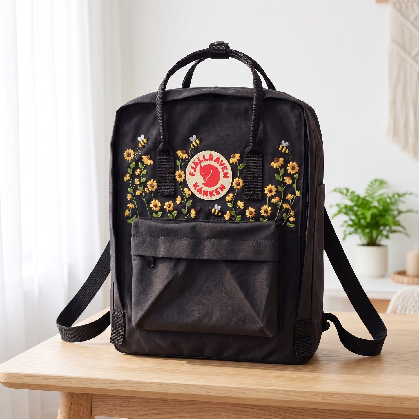 Personalized Fjallraven Kanken Sunflower Backpack | Embroidered Wildflower & Bee Kanken Bag | Handmade Floral Backpack | Garden Lover Gift